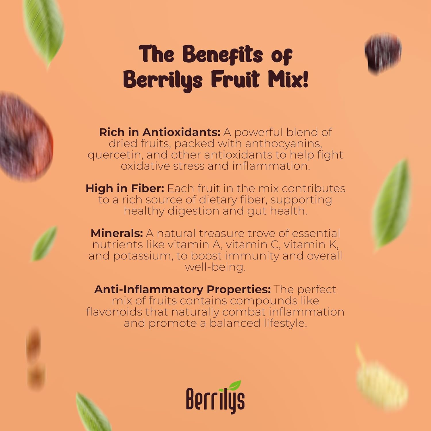 Berrilys Dried Fruit Mix, 2 Lbs, Organic, Diced Figs, Diced Apricots, White Mulberries, Sultanas, Sour Cherries, No Sugar Added, Trail Mix for Baking and Snacking