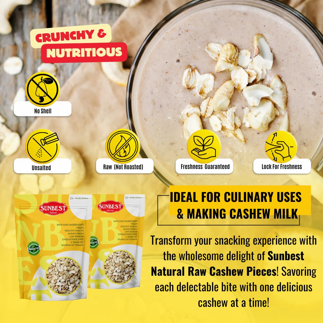 Sunbest Natural Raw Cashew Halves & Pieces, 5 lbs – Unsalted & Unroasted – Bulk Cashews to Eat – For Party Snacks, Baking & Topping – Rich in Plant-Based Protein & Fiber (80 oz)