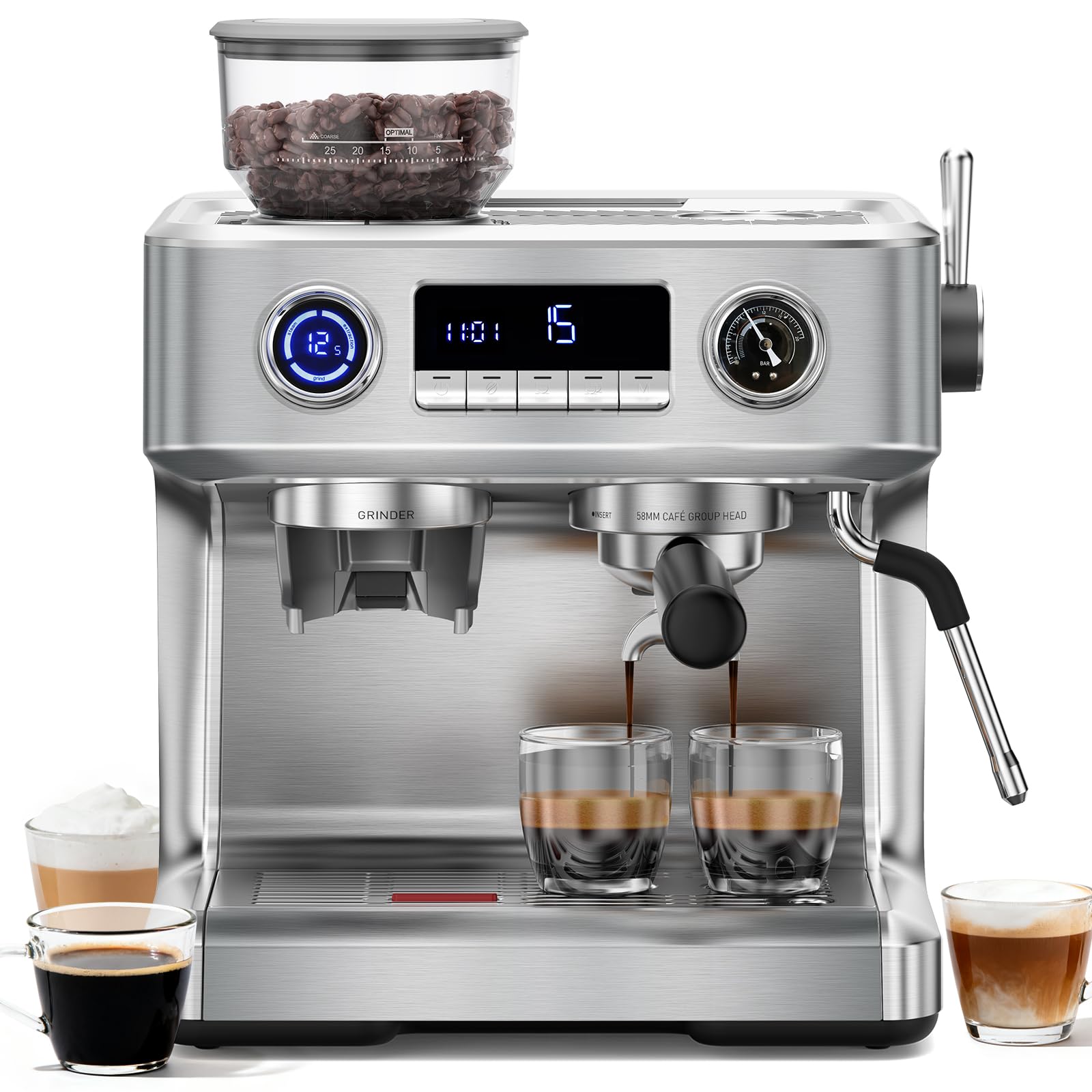 COWSAR 20 Bar Espresso Machine with Grinder & Milk Frother Steam Wand, 58mm Expresso Coffee machines, Commercial Stainless Steel Coffee Maker for Cappuccino and Latte, Perfect for Home Café-Pro