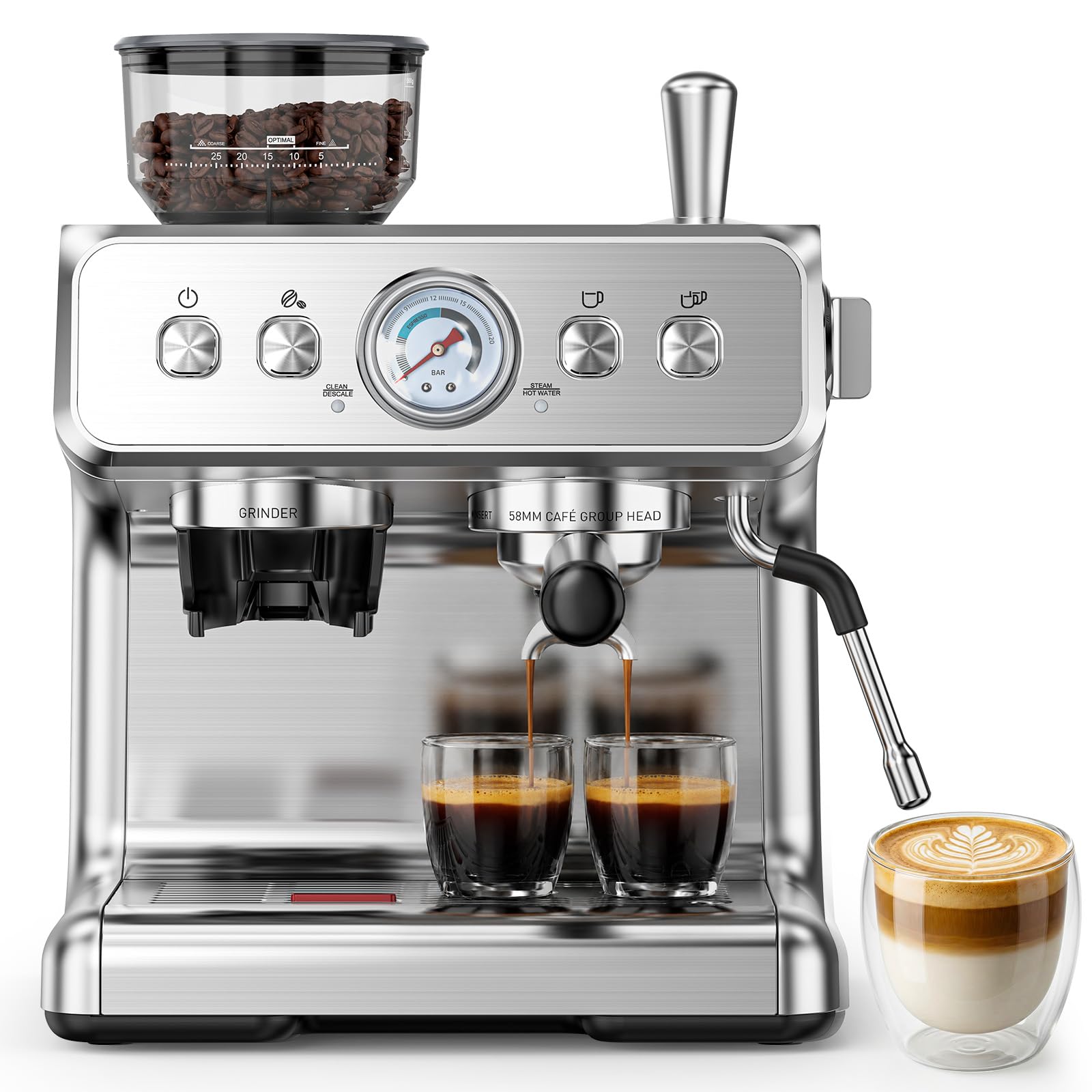 COWSAR 20 Bar Espresso Machine with Grinder & Milk Frother Steam Wand, 58mm Expresso Coffee machines, Commercial Stainless Steel Coffee Maker for Cappuccino and Latte, Perfect for Home Café-Pro