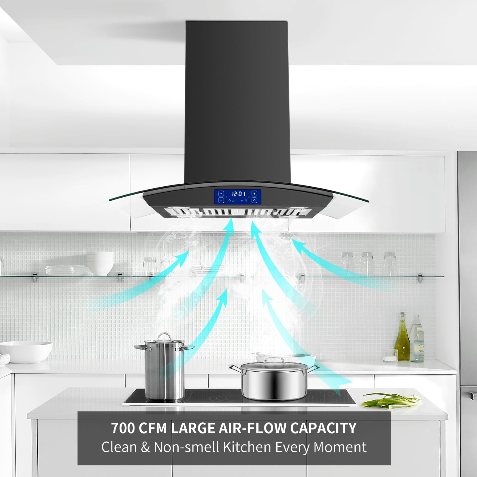 JOEAONZ Island Range Hood 30 Inch 700 CFM Gesture & Touch Control Ceiling Mount Stainless Steel Kitchen Vent Hood, Kitchen Exhaust Hood, Ducted/Ductless Convertible 3-speed Ventilation Fan Switchable
