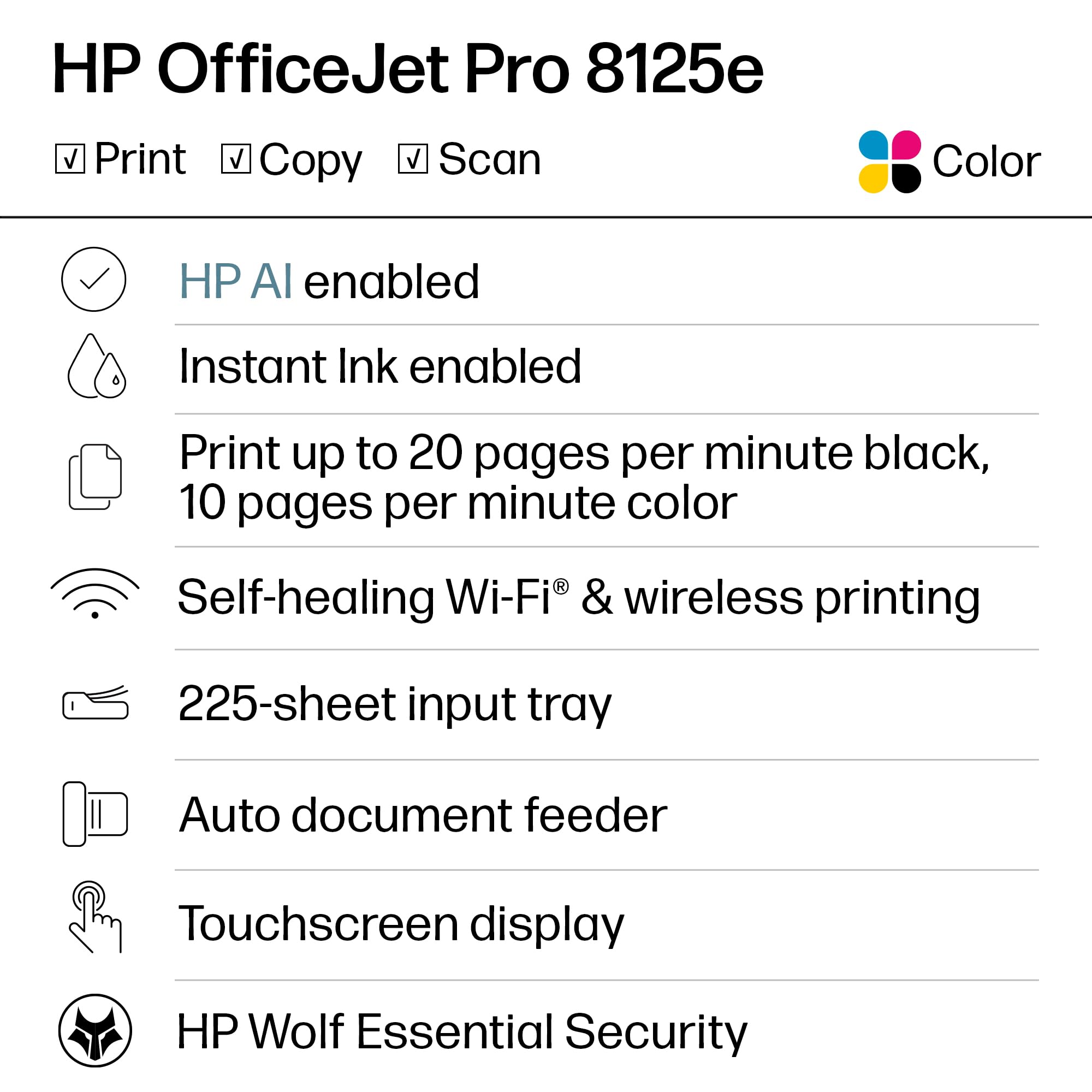 HP OfficeJet Pro 8125e Wireless All-in-One Color Inkjet Printer, Print, scan, Copy, ADF, Duplex Printing Best-for-Home Office, 3 Month Instant Ink Trial Included, AI-Enabled (405T6A)