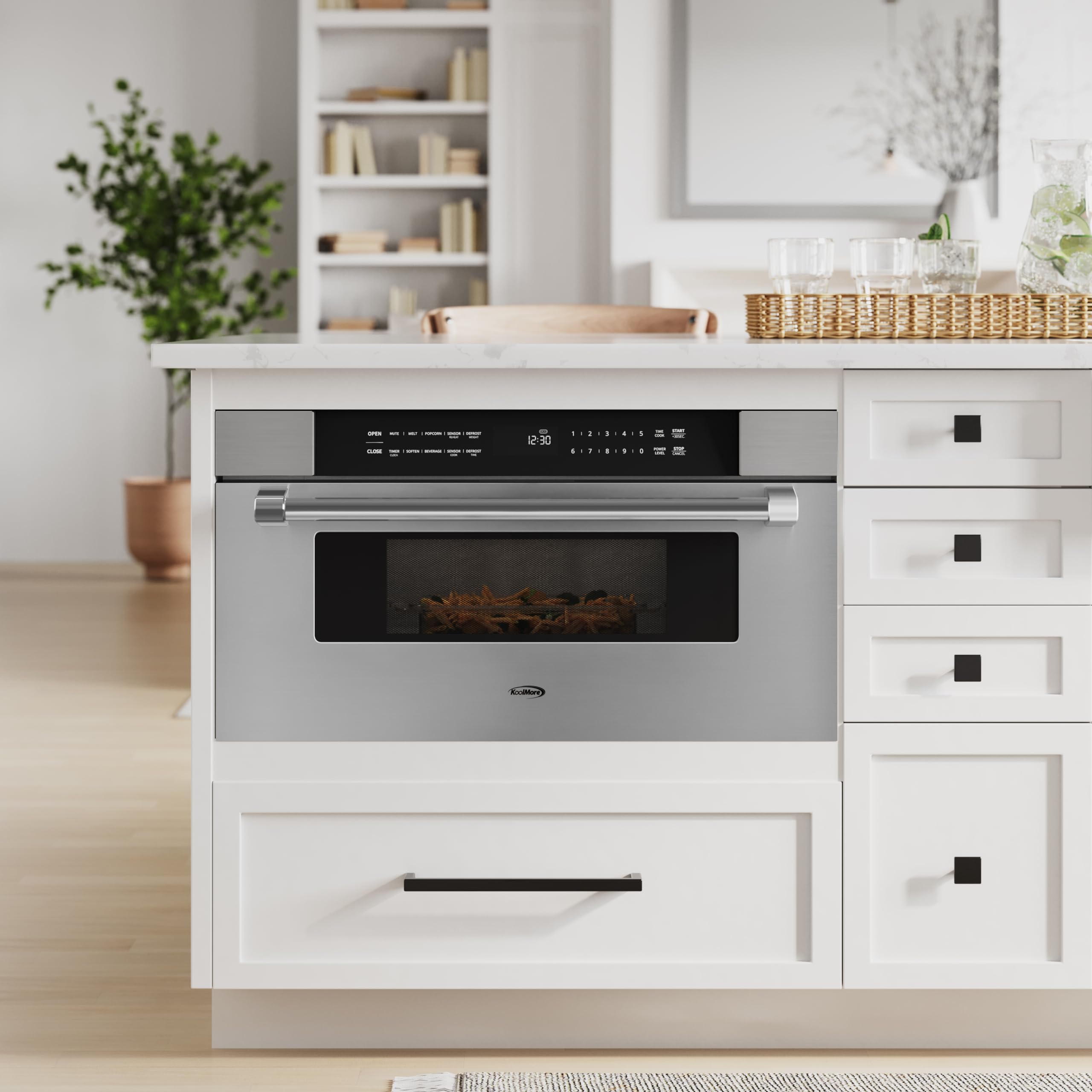 KoolMore Reserve Built-in Microwave Convection Oven with Air Fry, 3-in-1 Combo, Sensor Cook, Soft-Close Door, Stainless Steel, 24 in. / 1.6 cu. ft. with NEMA 5-20P Plug in Black