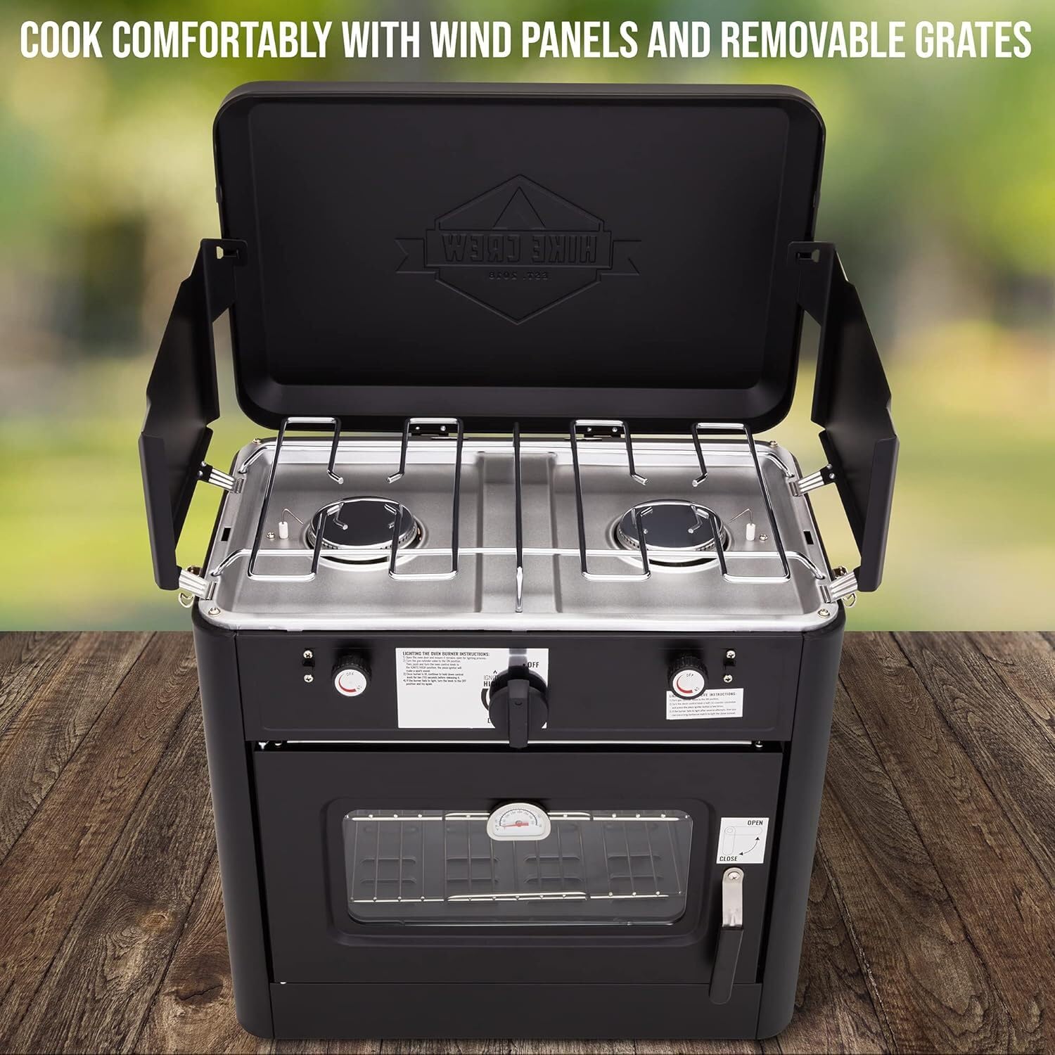 Hike Crew Outdoor Gas Camping Oven w/Carry Bag | CSA Approved Portable Propane-Powered 2-Burner Stove & Oven | Auto Ignition, Overheat Safety Shutoff, Built-In Thermometer | Hose & Regulator Included