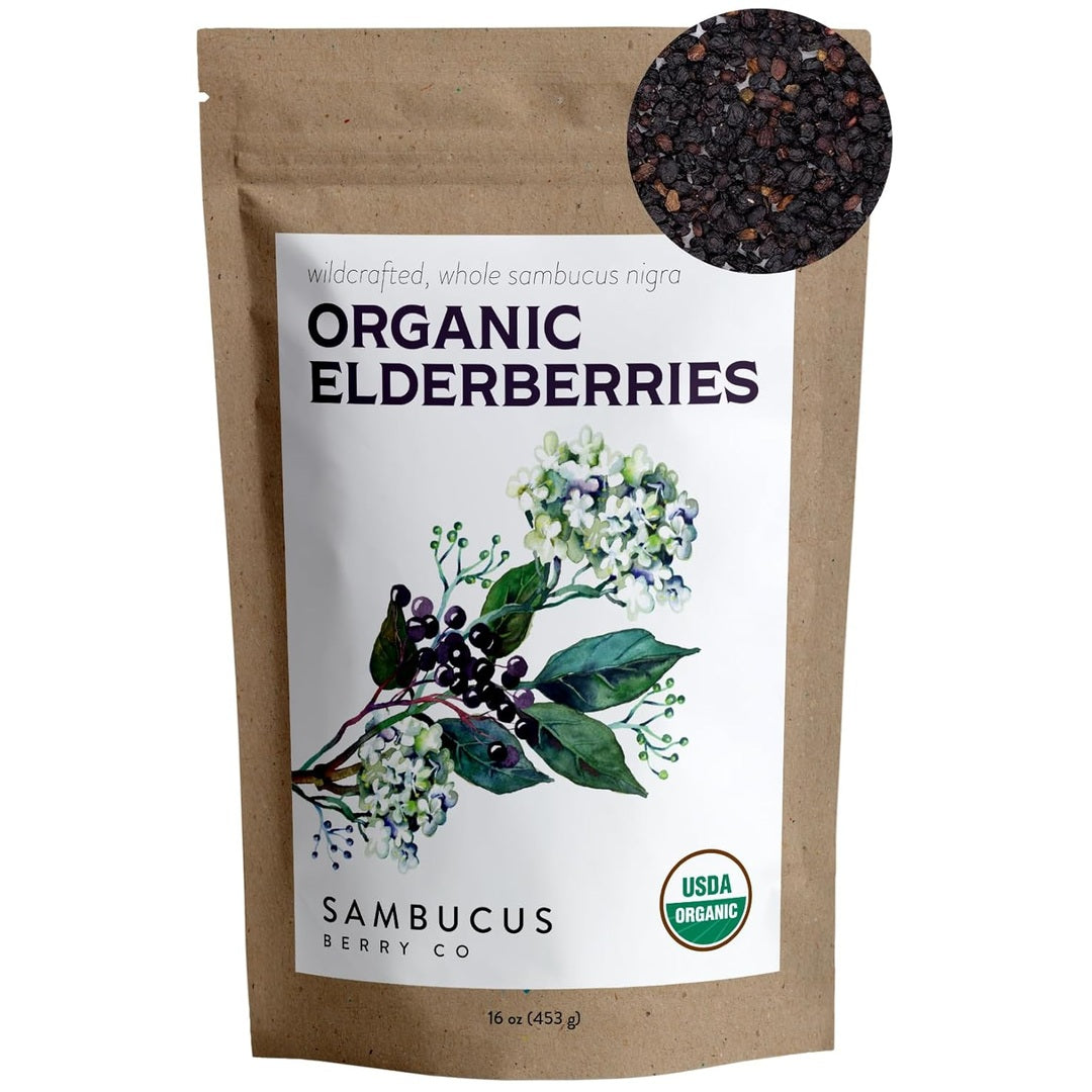 Certified USDA - 100% Organic Dried Elderberries - 1lb Bulk - Non-Irradiated, Non-GMO, Wild Harvest, Whole Black Elderberry Immune Support - Raw Vegan Sambucus 1 Pound