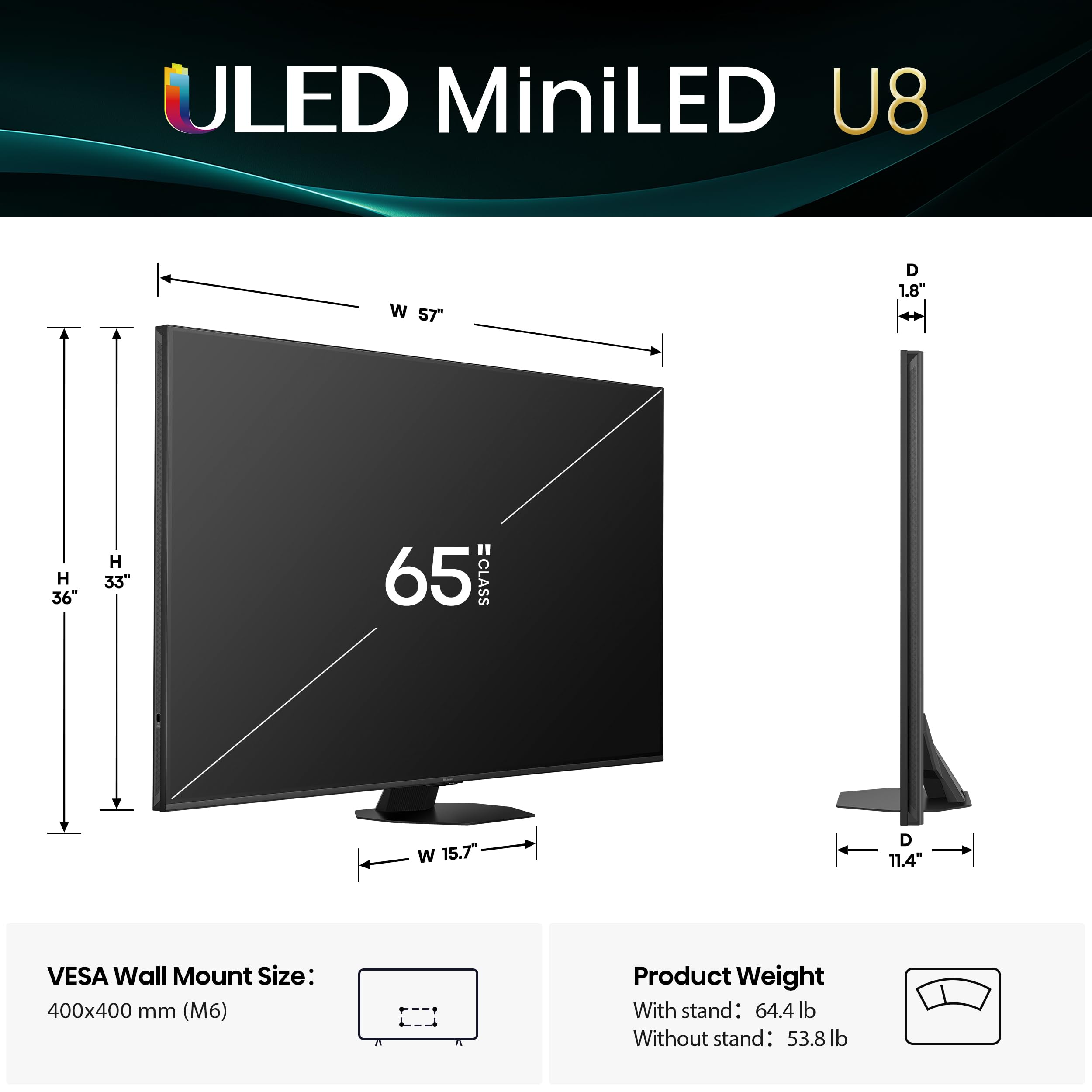 Hisense 65" U8 Series ULED Mini-LED 4K UHD Smart Google TV (65U8QG) - QLED, Native 165Hz, VRR 288, Up to LD5600, 5000 Nits, HDR10+, Dolby Vision IQ · Atmos, IMAX Enhanced, 4.1.2 Ch Audio