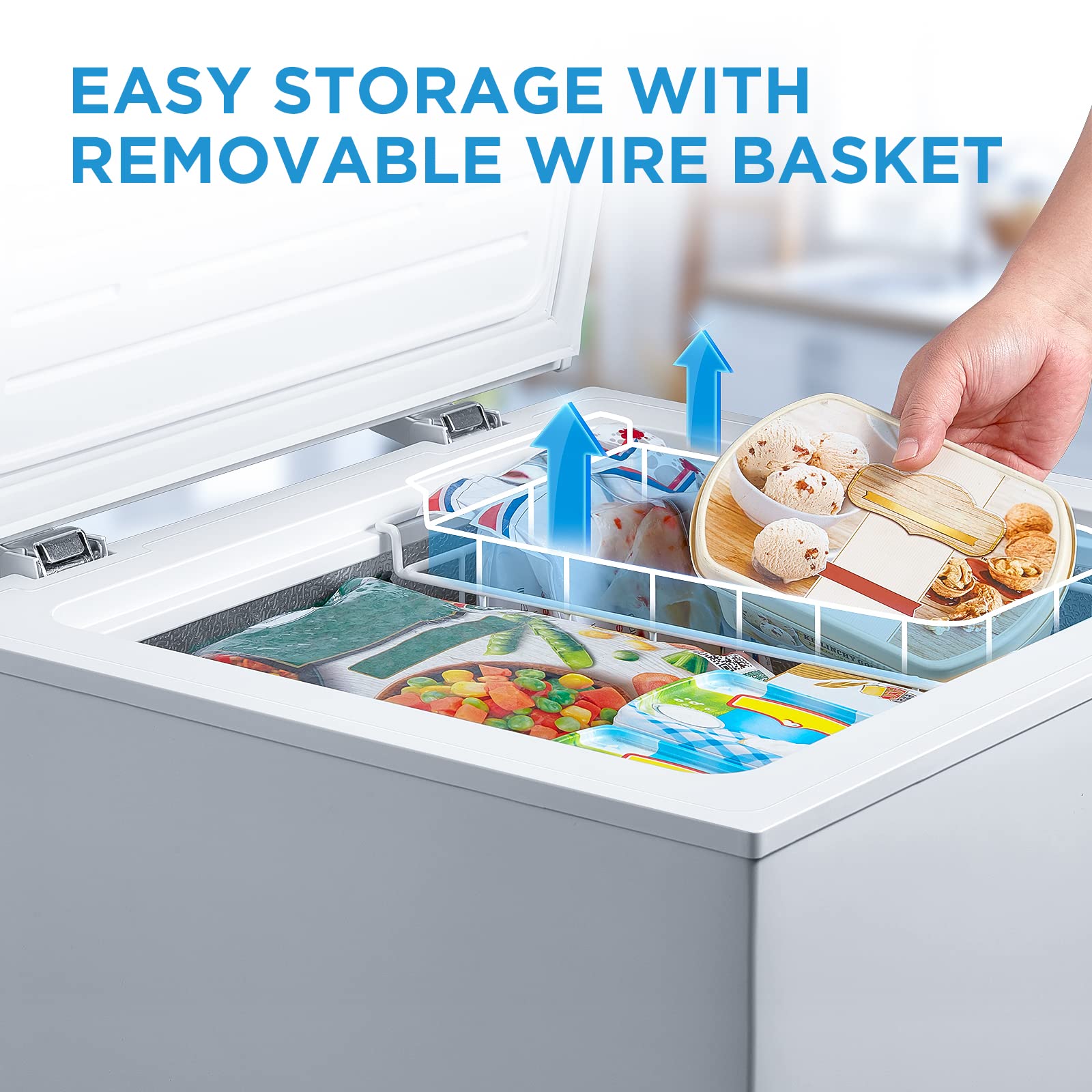 Midea MERC04C4BAWW Chest Freezer, 3.5 Cubic Feet Freezer With Removable Basket, Interior LED Light, Adjustable Temperature, For Kitchen Apartment Office, White
