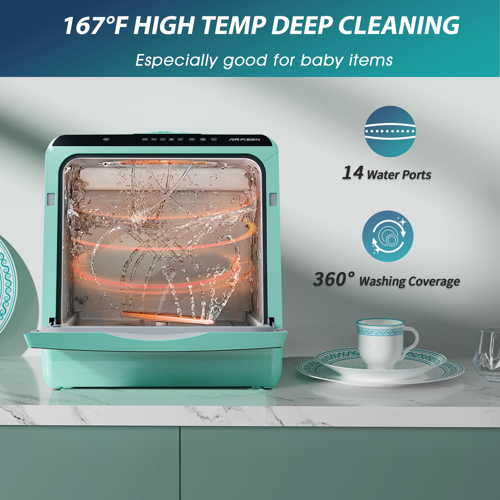 AIRMSEN Portable Countertop Dishwashers, 5 Washing Programs Mini Dishwashers with 1.2 Gal Built-in Water Tank and Double-layered Glass Door, No Hookup Needed for Home, Apartments & RVs