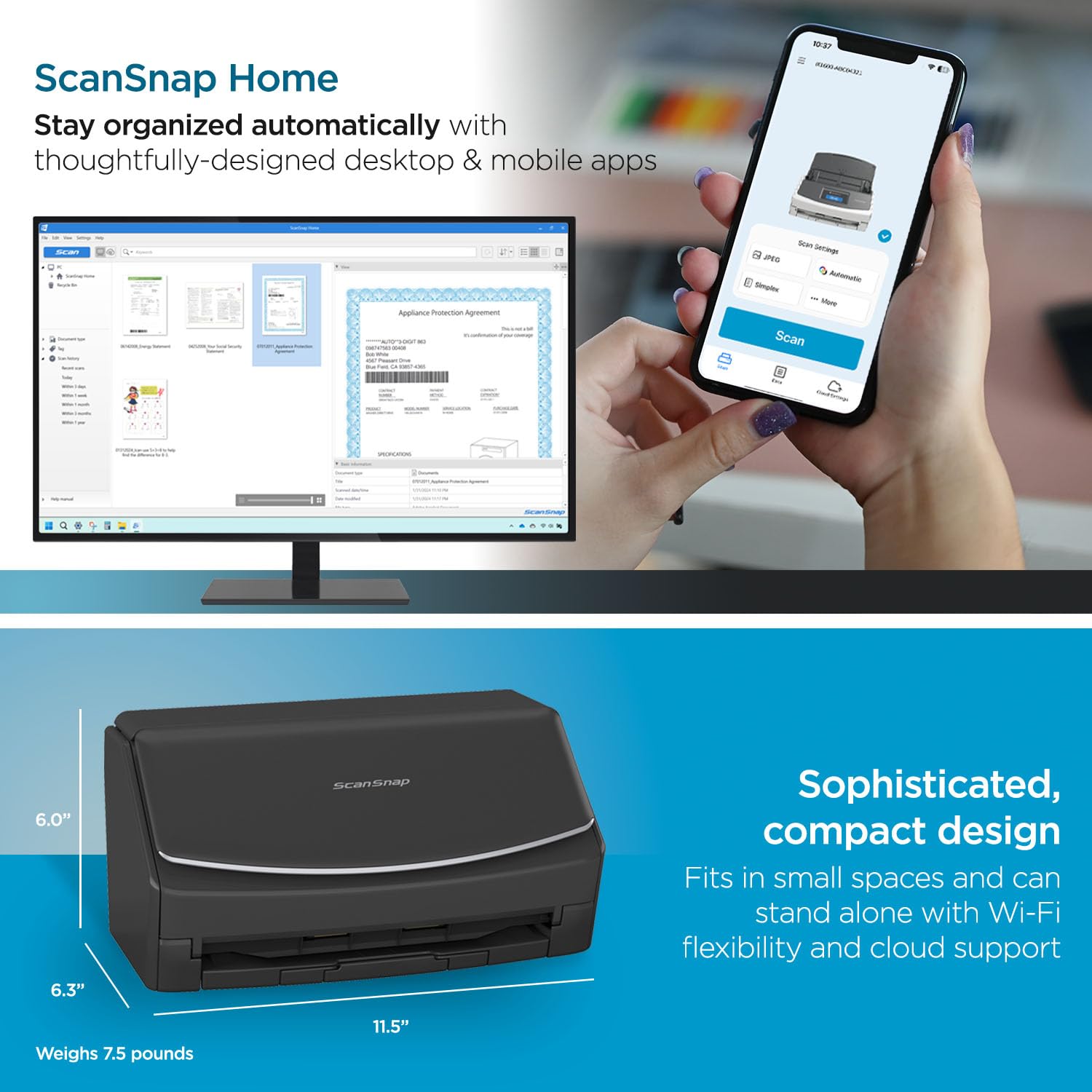 ScanSnap iX2500 Wireless or USB High-Speed Cloud Enabled Document, Photo & Receipt Scanner with Large 5" Touchscreen and 100 Page Auto Document Feeder for Mac or PC, Black