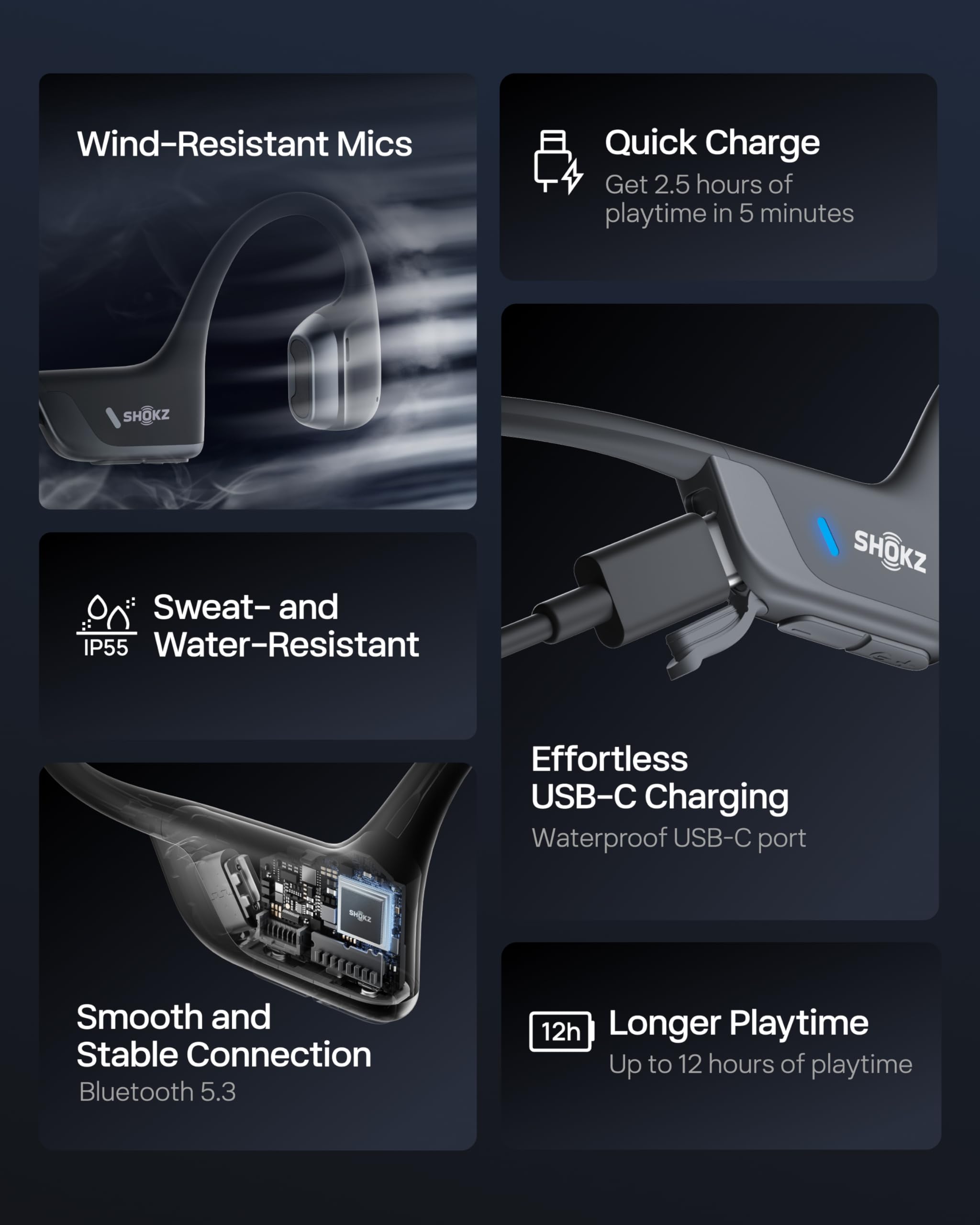 SHOKZ New OpenRun Pro 2- Bone Conduction Headphones, Open-Ear Bluetooth Wireless Sport Earphones for Running, Workouts - Sweat Resistant, Secure Comfortable Fit -Deep Bass, Smart Mic, Reflective Strip