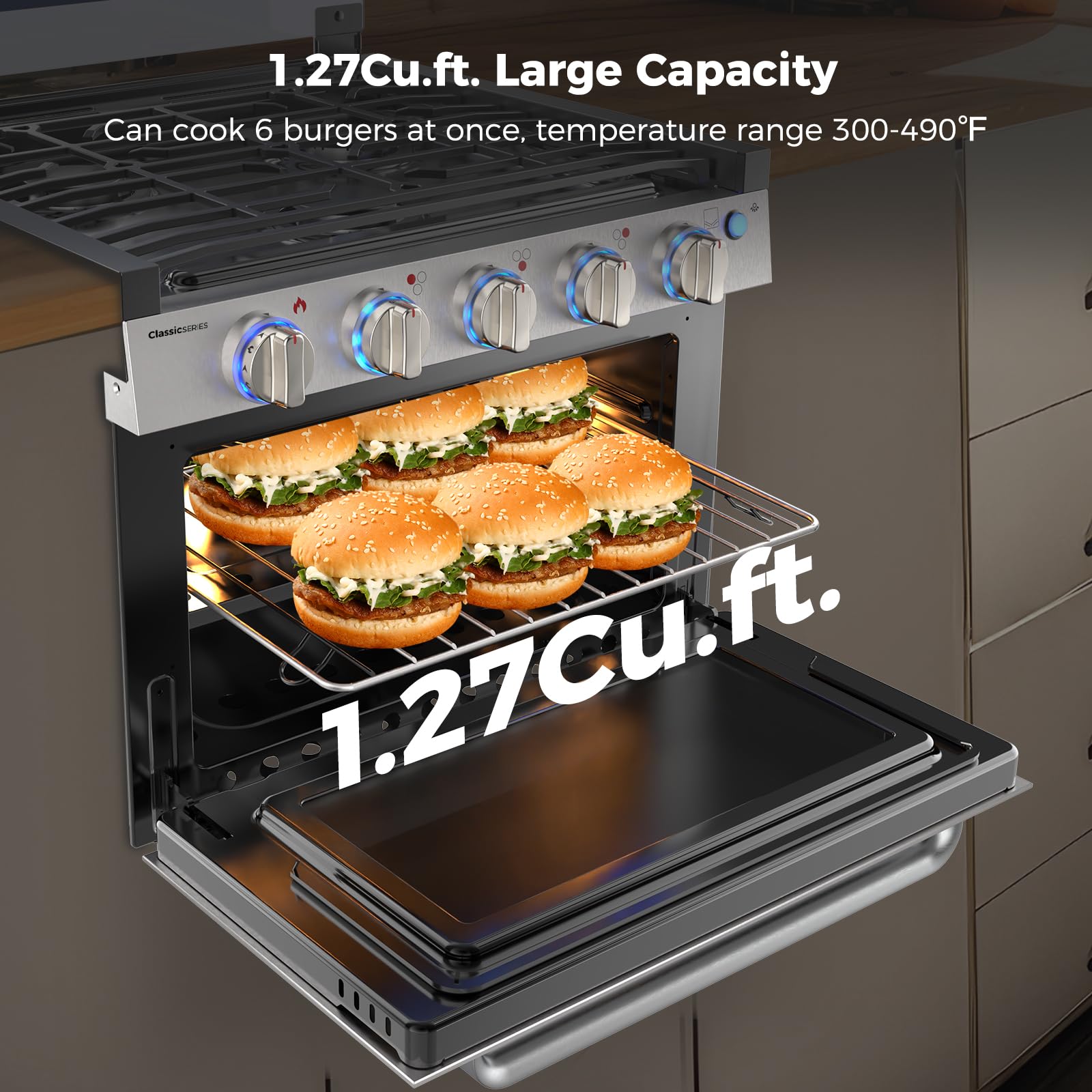 CAMPLUX Classic RV Stove Propane Range 21 Inches, Propane Oven with 3 Burners Cooktop for RV, RV Oven Stove Combo 28,100 BTU/Hr, Stainless Steel RGS21MSF