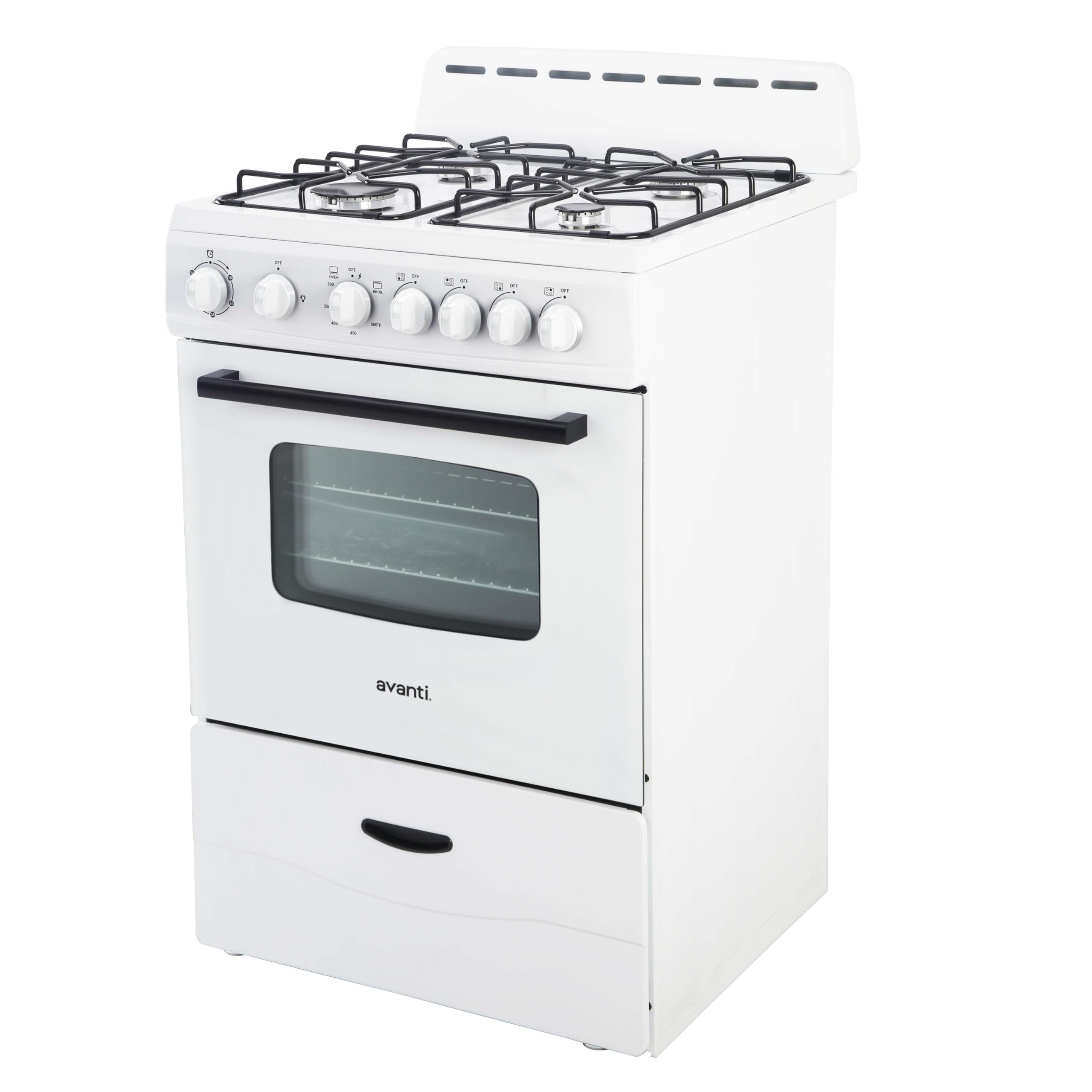 Avanti Compact Gas Range Oven 24-Inch with 4 Sealed Burners Automatic Electronic Ignition Large 2.6 cu.ft. Oven Storage Drawer Glass Door and Oven Light, in Stainless Steel