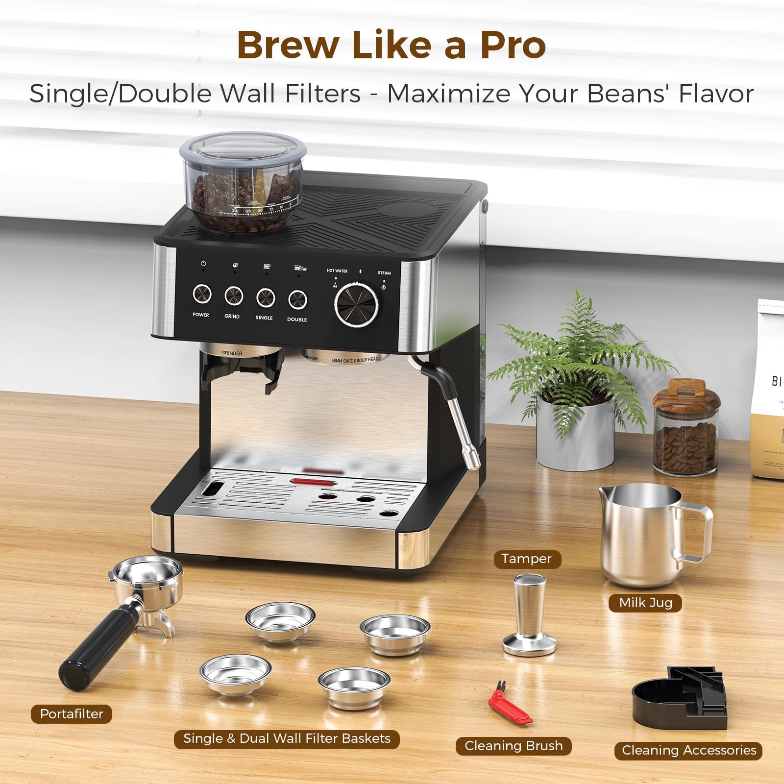 COWSAR 20 Bar Espresso Machine with Grinder & Milk Frother Steam Wand, 58mm Expresso Coffee machines, Commercial Stainless Steel Coffee Maker for Cappuccino and Latte, Perfect for Home Café-Pro