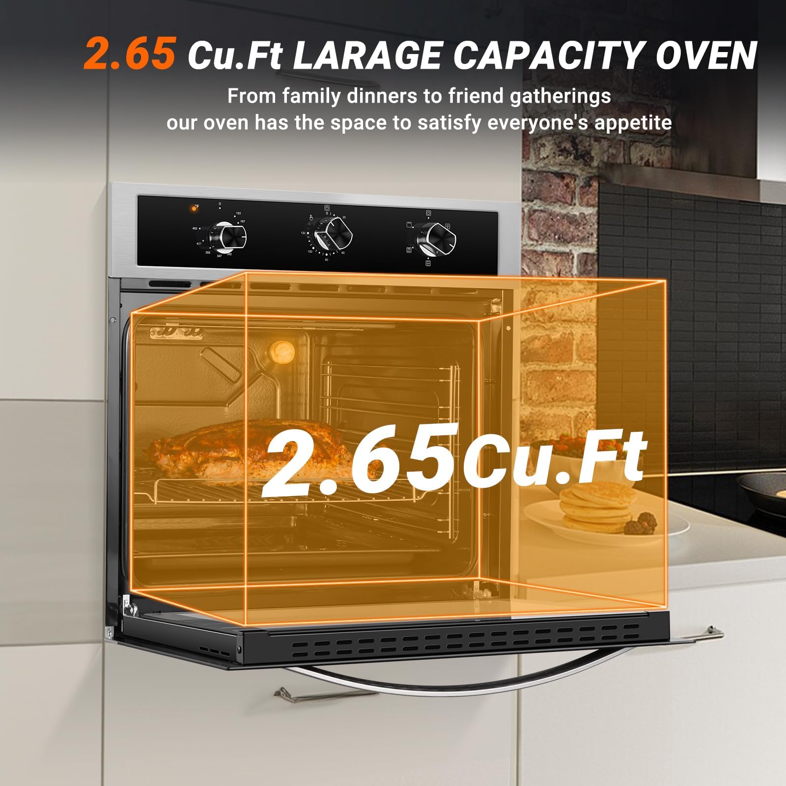 24" Single Wall Oven for Kitchen: 2200W Built-in Electric Wall Oven with Mechanical Knobs Control, 2.65 Cu.ft. Stainless Steel Wall Oven with 5 Cooking Modes, 360° ROTATING ROTISSERIE, Timer