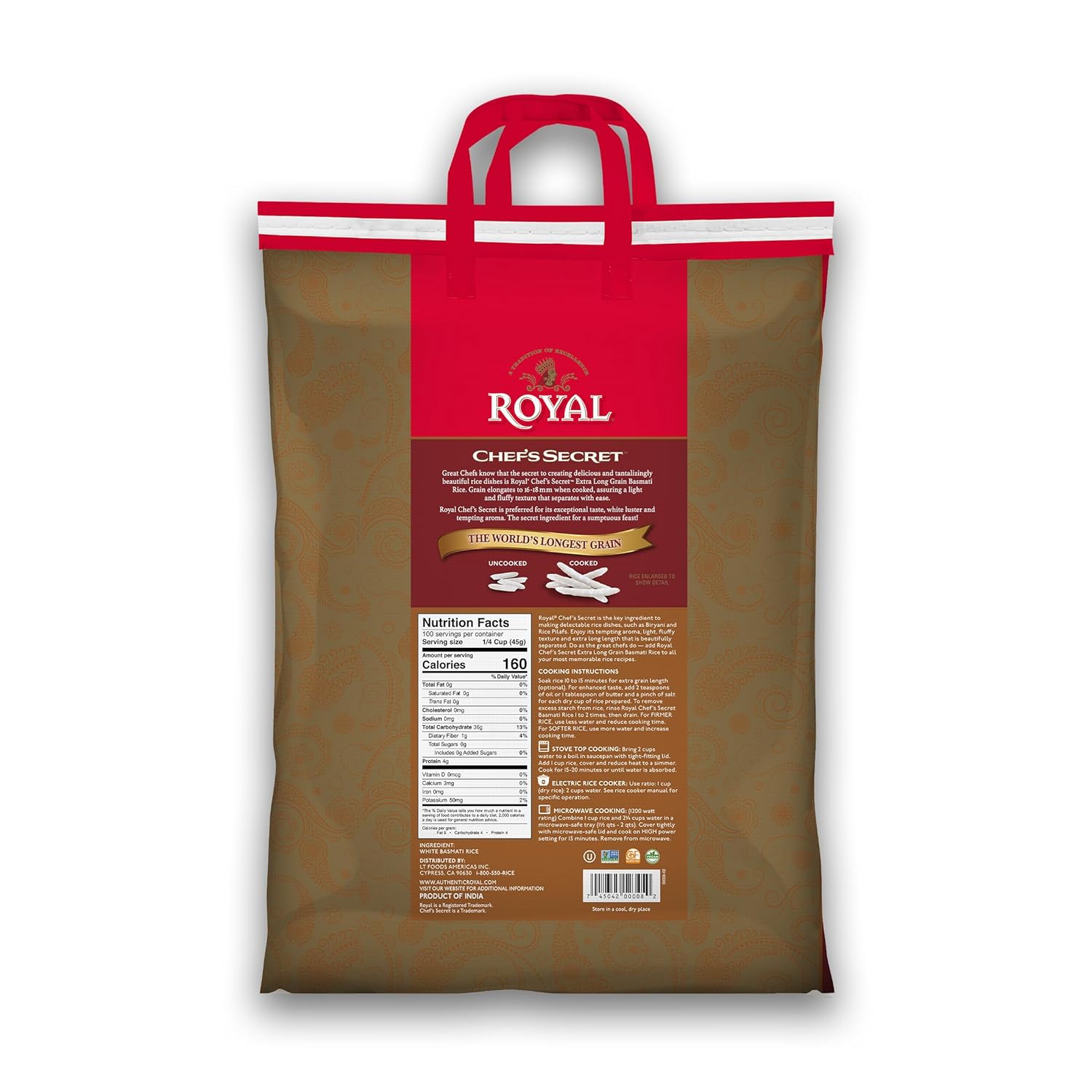 Royal Chef's Secret Basmati White Rice - Premium Extra Long Grain Basmati Rice - 10 lb Bag