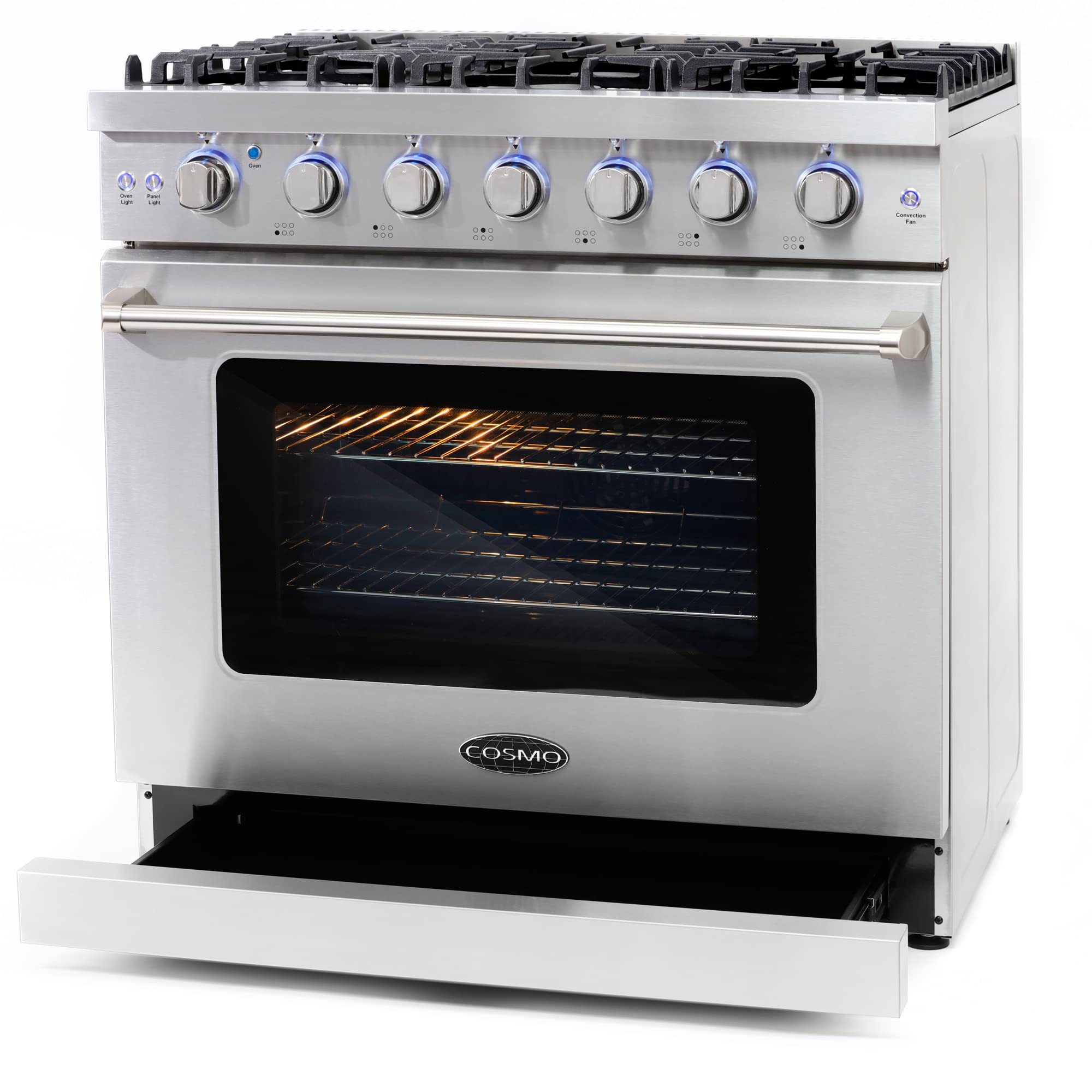 COSMO COS-EPGR366 36 in. Haven Collection 6.0 cu. ft. Gas Range, 6 Burners, Convection Oven, Knob LEDs, Storage Drawer, Stainless Steel