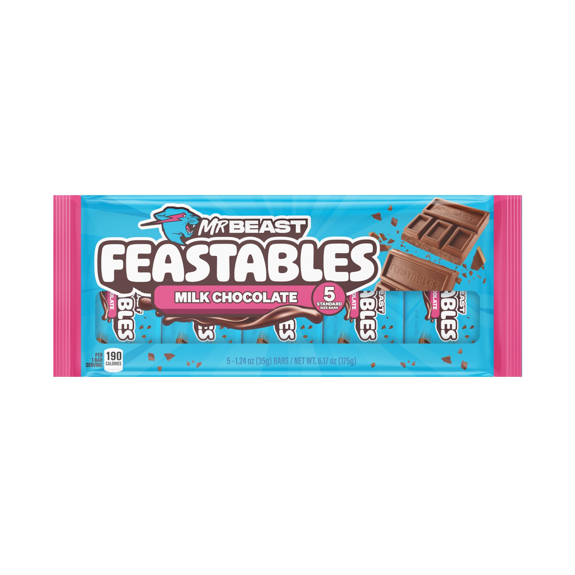 Feastables MrBeast Milk Chocolate Chocolate Bar, Full Size Bar for Adults & Kids, Candy Bars, Snacks, Gifts, or Dessert, Sweet & Creamy Fairtrade Cocoa, 1.24 Oz Each, 24 Count