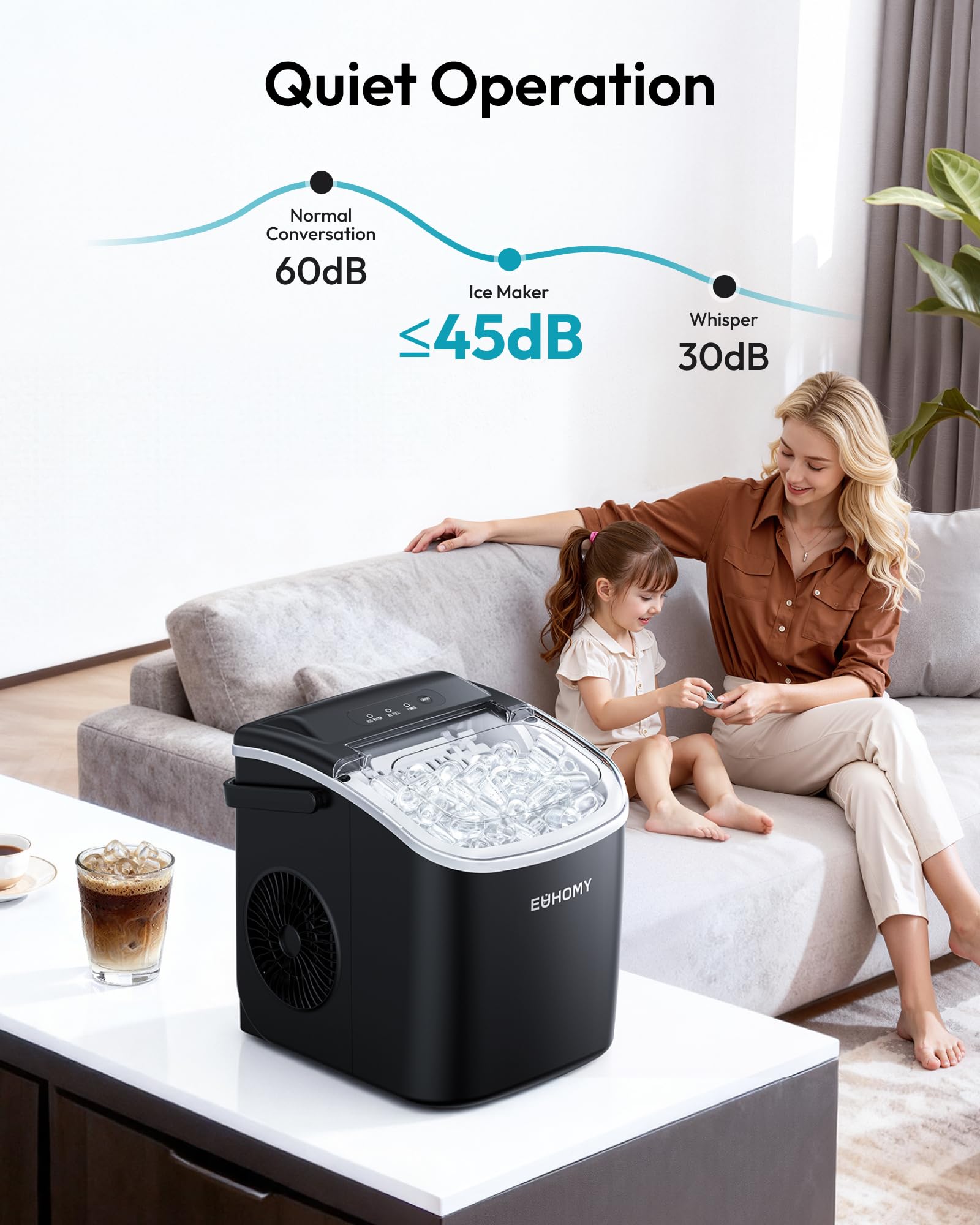 EUHOMY Countertop Ice Maker Machine with Handle, 26lbs in 24Hrs, 9 Ice Cubes Ready in 6 Mins, Auto-Cleaning Portable Ice Maker with Basket and Scoop, for Home/Kitchen/Camping/RV. (Black)