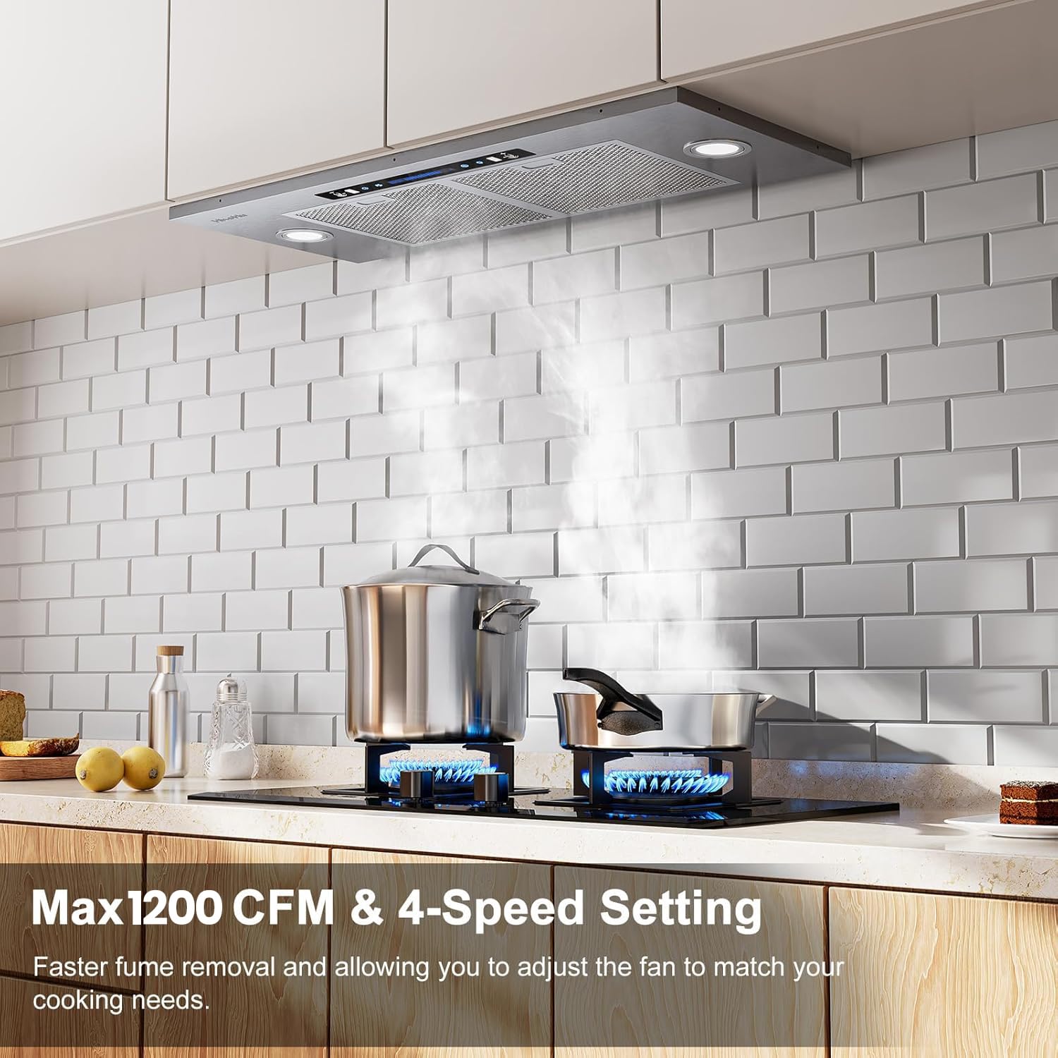 HisoHu 30 Inch Under Ducted Cabinet Range Hood with 1200 CFM, 4 Speed Gesture Sensing Kitchen Exhaust Hood & Touch Control Panel, Stainless Steel Stove Vent Hood with 2 LED Lights
