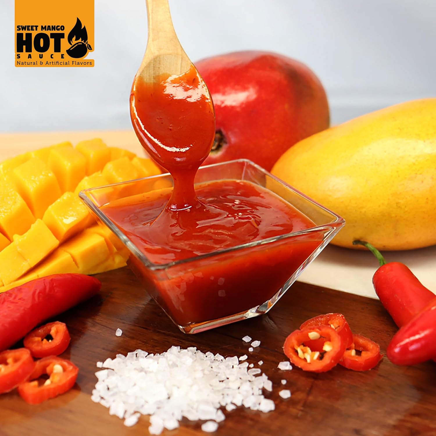 Mr Wings Sweet Mango Mild Sauce 1 Gallon (128 Fl Oz). Sweet and spicy delight, perfect for boneless, fries, drinks and your favorite snacks. Big sauce bulk.