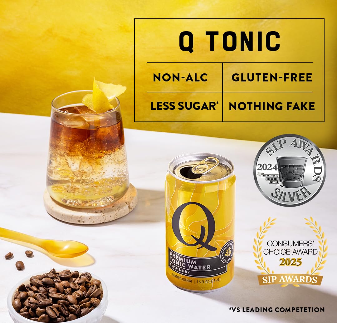 Q TONIC WATER with Real Quinine & Organic Agave - Ideal for Cocktails & Mocktails - Made with Real Ingredients, Perfectly Carbonated & Less Sweet - 45 Calories per Can - 7.5 Fl oz (Pack of 24)