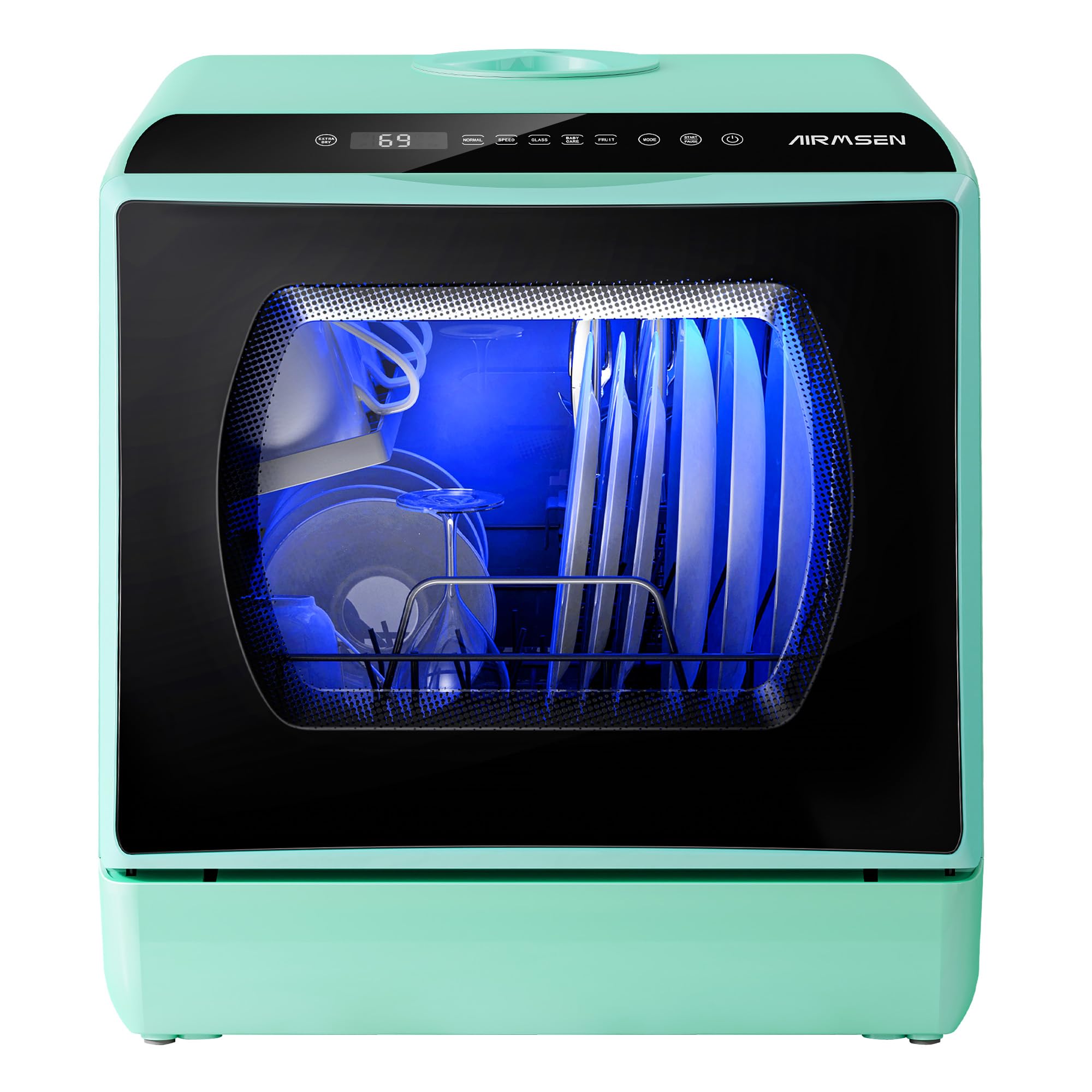 AIRMSEN Portable Countertop Dishwashers, 5 Washing Programs Mini Dishwashers with 1.2 Gal Built-in Water Tank and Double-layered Glass Door, No Hookup Needed for Home, Apartments & RVs