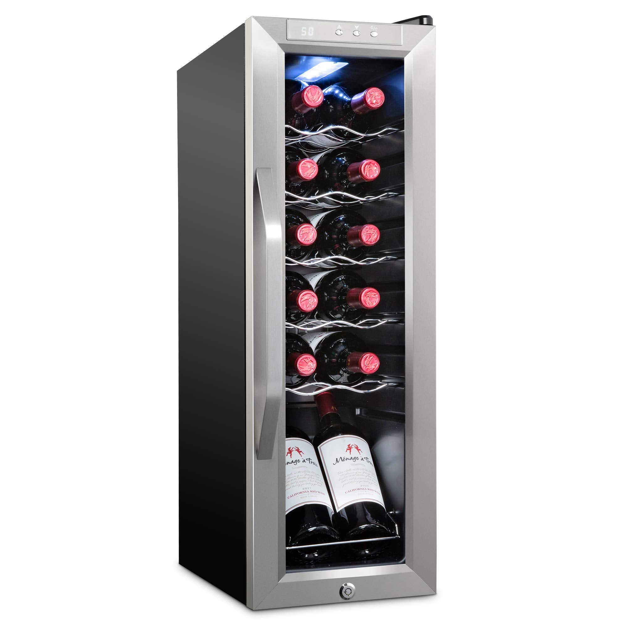 Ivation 12 Bottle Compressor Wine Cooler Refrigerator w/Lock, Large Freestanding Wine Cellar Fridge, 41f-64f Digital Temperature Control Glass Door Black
