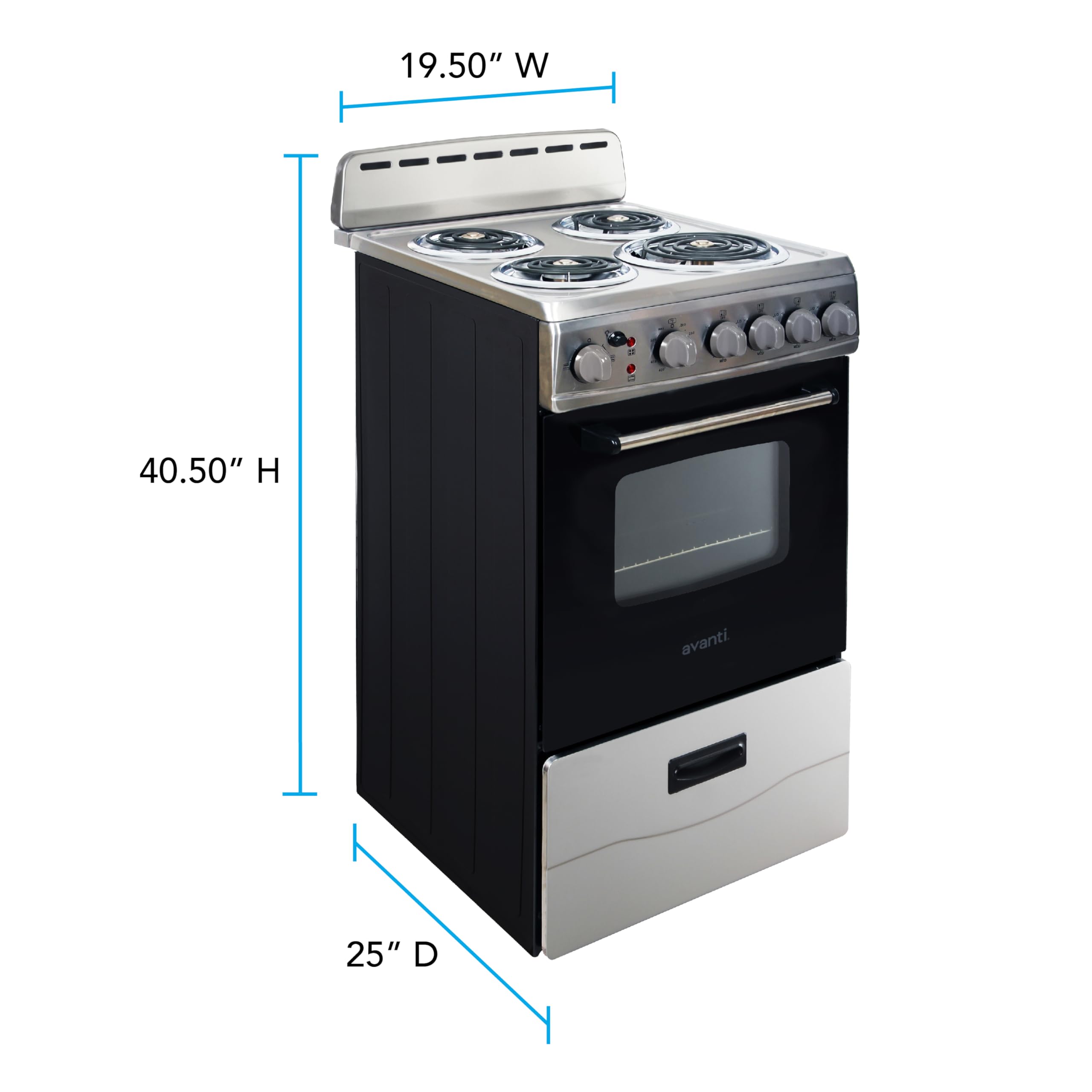 Avanti Electric Range Oven Compact Design, 2.1-Cu.Ft. Capacity with 4 Coil Burners, Framed Glass Oven Door, Storage Drawer and Broiler with Pan Perfect for Apartments, 20-Inch, Stainless Steel