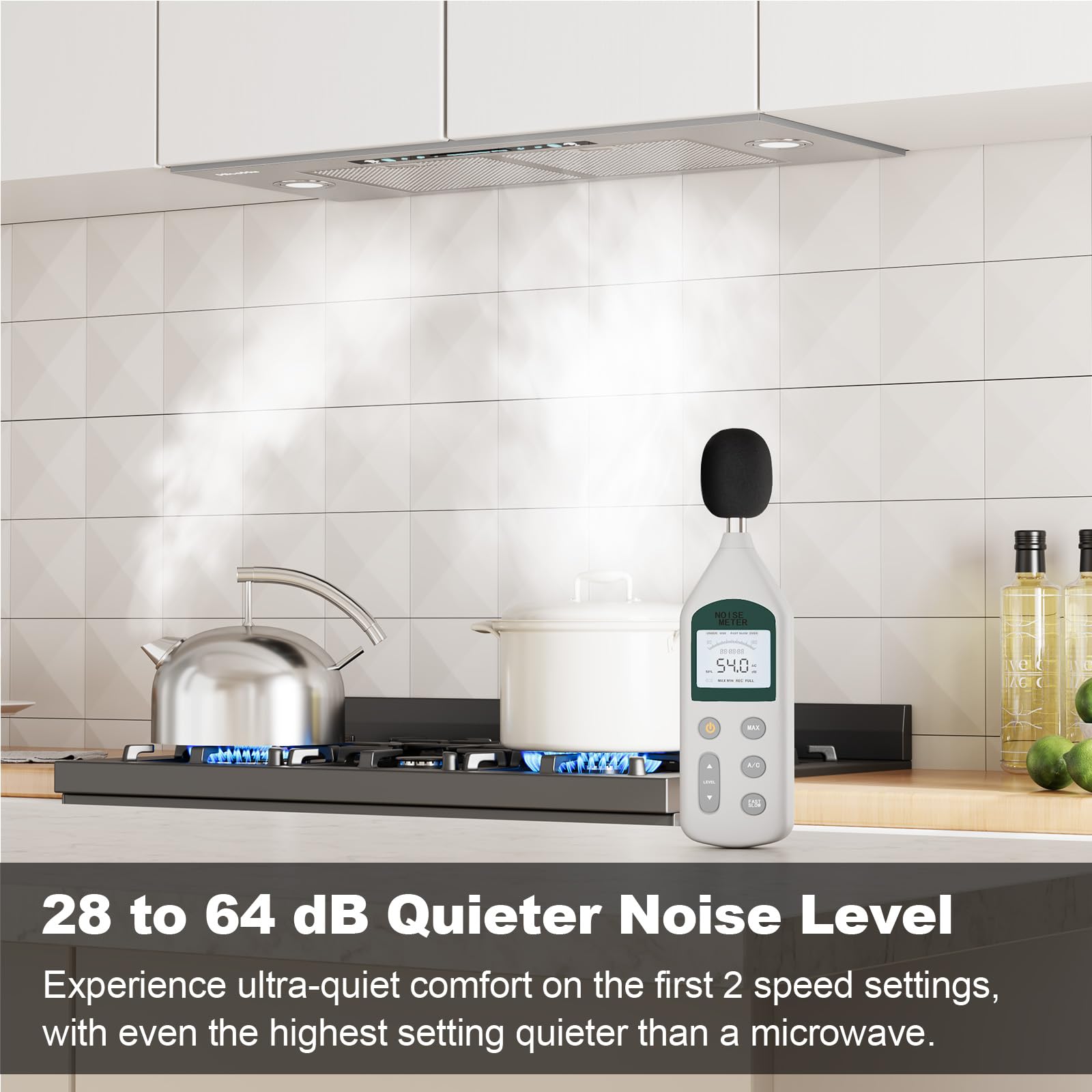 HisoHu 30 Inch Under Ducted Cabinet Range Hood with 1200 CFM, 4 Speed Gesture Sensing Kitchen Exhaust Hood & Touch Control Panel, Stainless Steel Stove Vent Hood with 2 LED Lights
