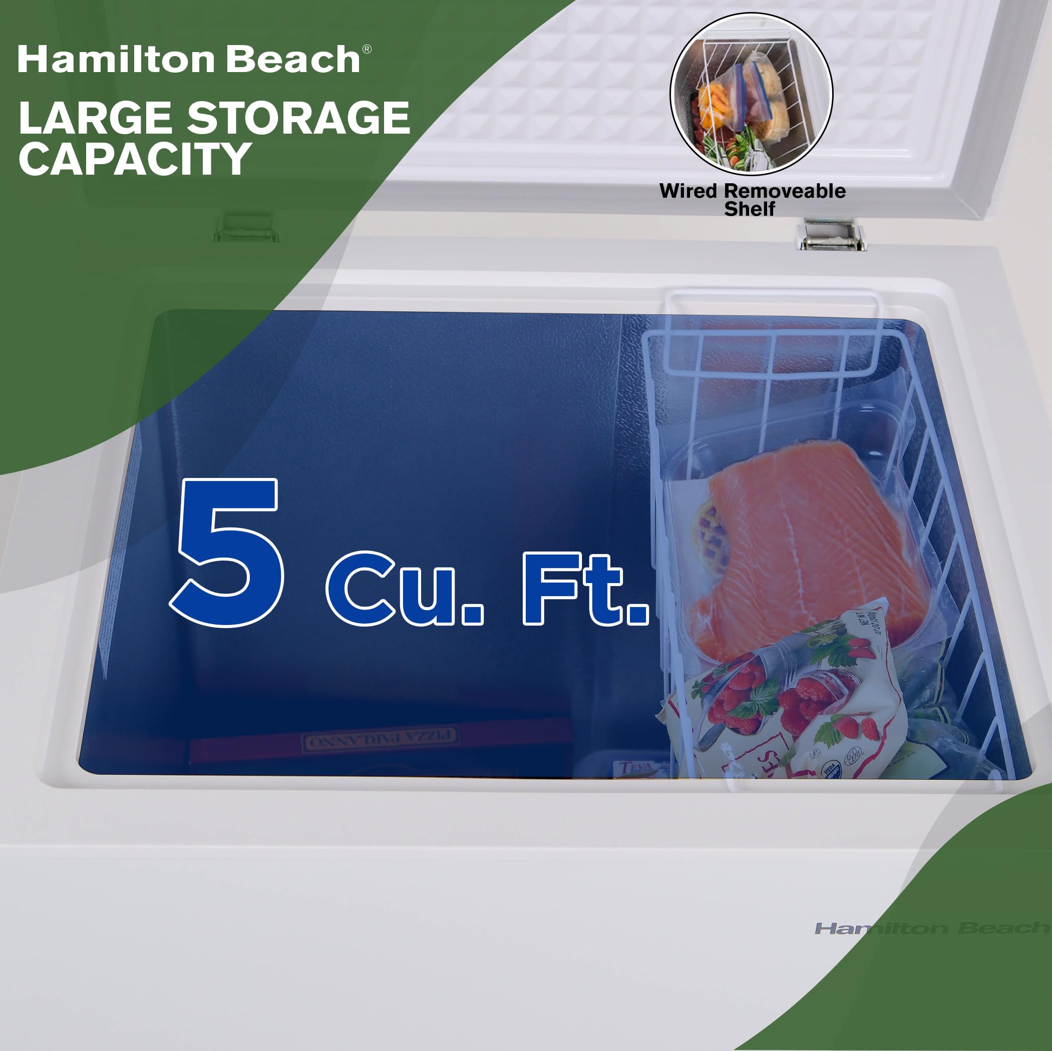 Hamilton Beach HBFRF2129 21 cu ft Double Door LID Garage-Ready Chest Freezer-White, Vinyl-Coated Baskets, Space-Saving Flat Back, Stay-Open, Front-Access Drain, for Storage, Hunting, Large Family