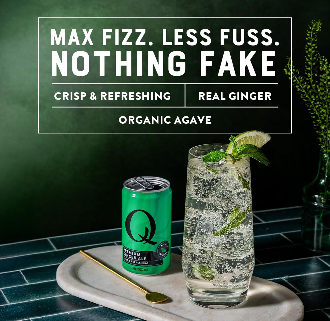 Q GINGER ALE with Real Ginger & Organic Agave - Ideal for Cocktails & Mocktails - Made with Real Ingredients, Perfectly Carbonated, & Less Sweet - 60 Calories per Can - 7.5 Fl oz Cans (Pack of 24)