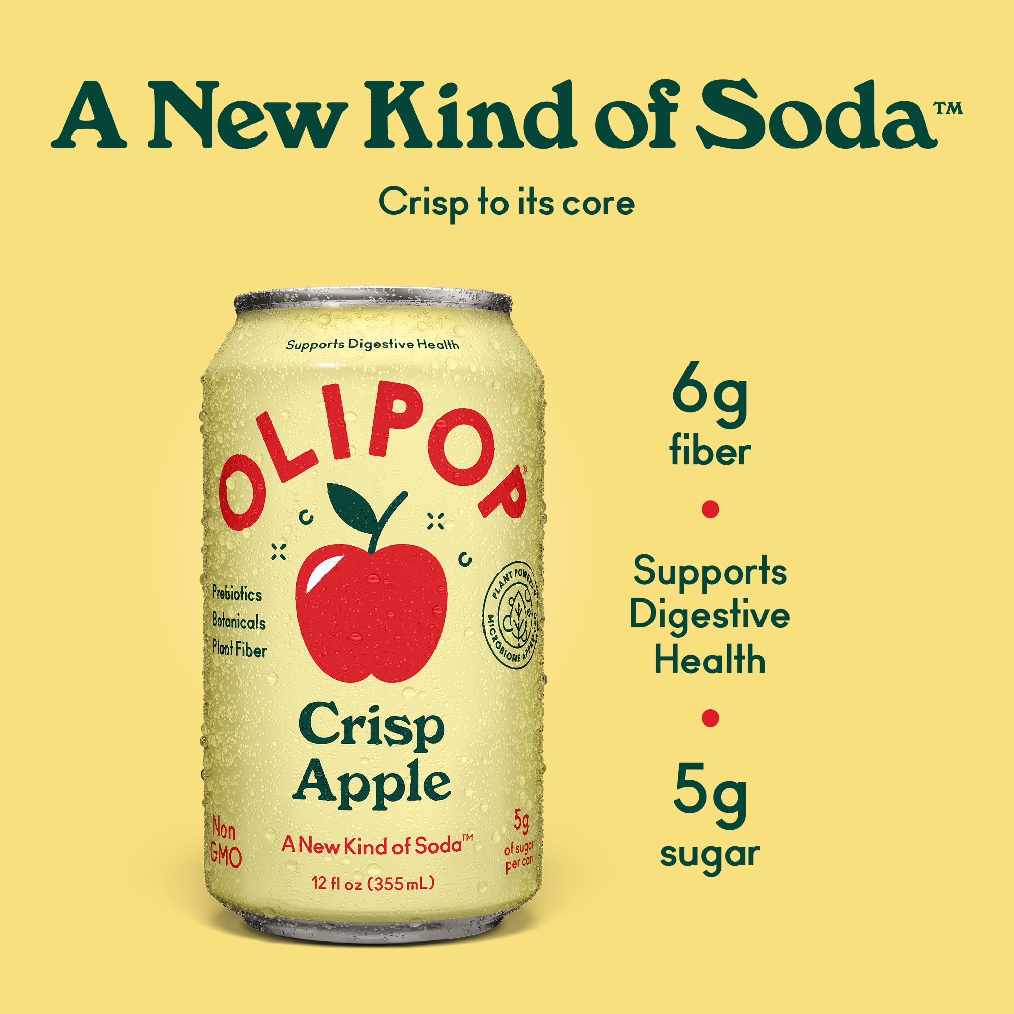 OLIPOP Prebiotic Soda Pop, Crisp Apple, Pantry Pack Packed with Prebiotics, Fiber, and Botanicals, Gluten Free, Vegan, GMO Free, 12oz (12-Cans)