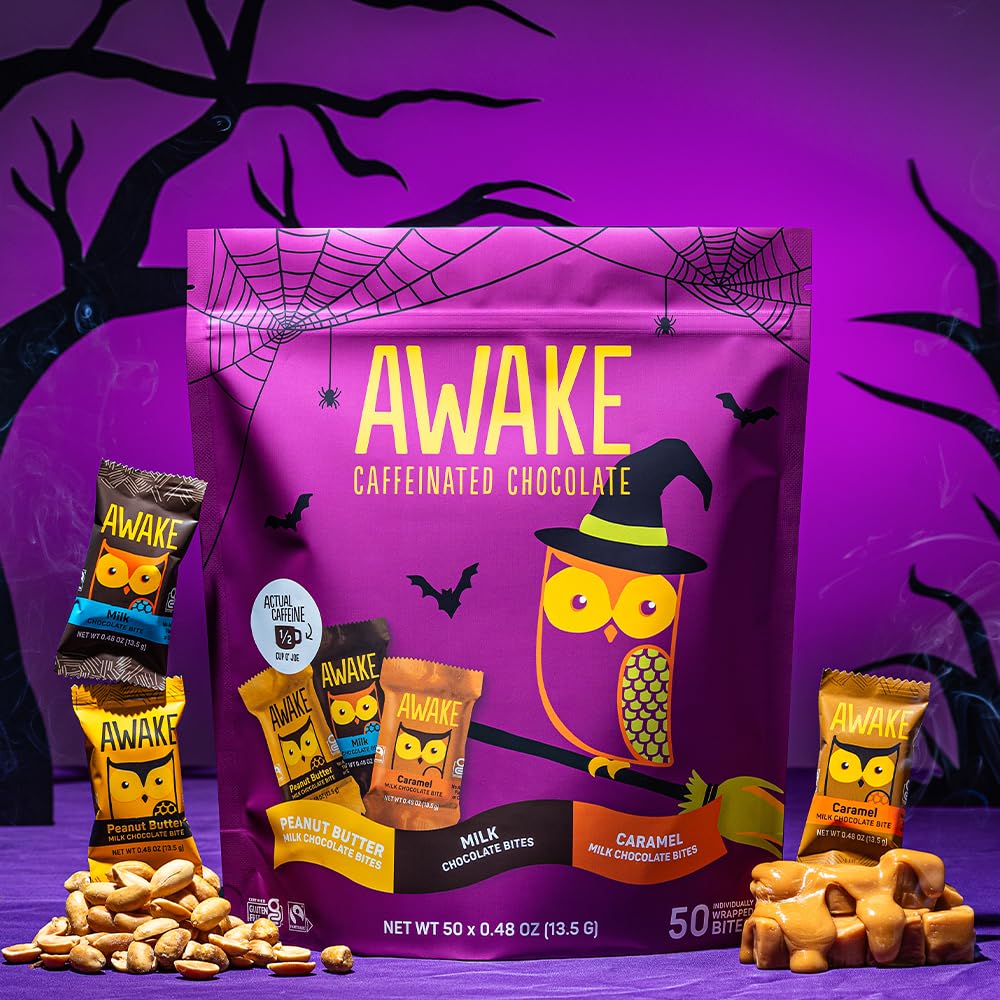 AWAKE - Caffeinated Chocolate Bites - Caramel Milk Chocolate, 50 Bites - 50mg Caffeine - Individually Wrapped Energy Bites - Coffee Alternative - Fairtrade, Gluten Free, Non GMO - 0.48oz