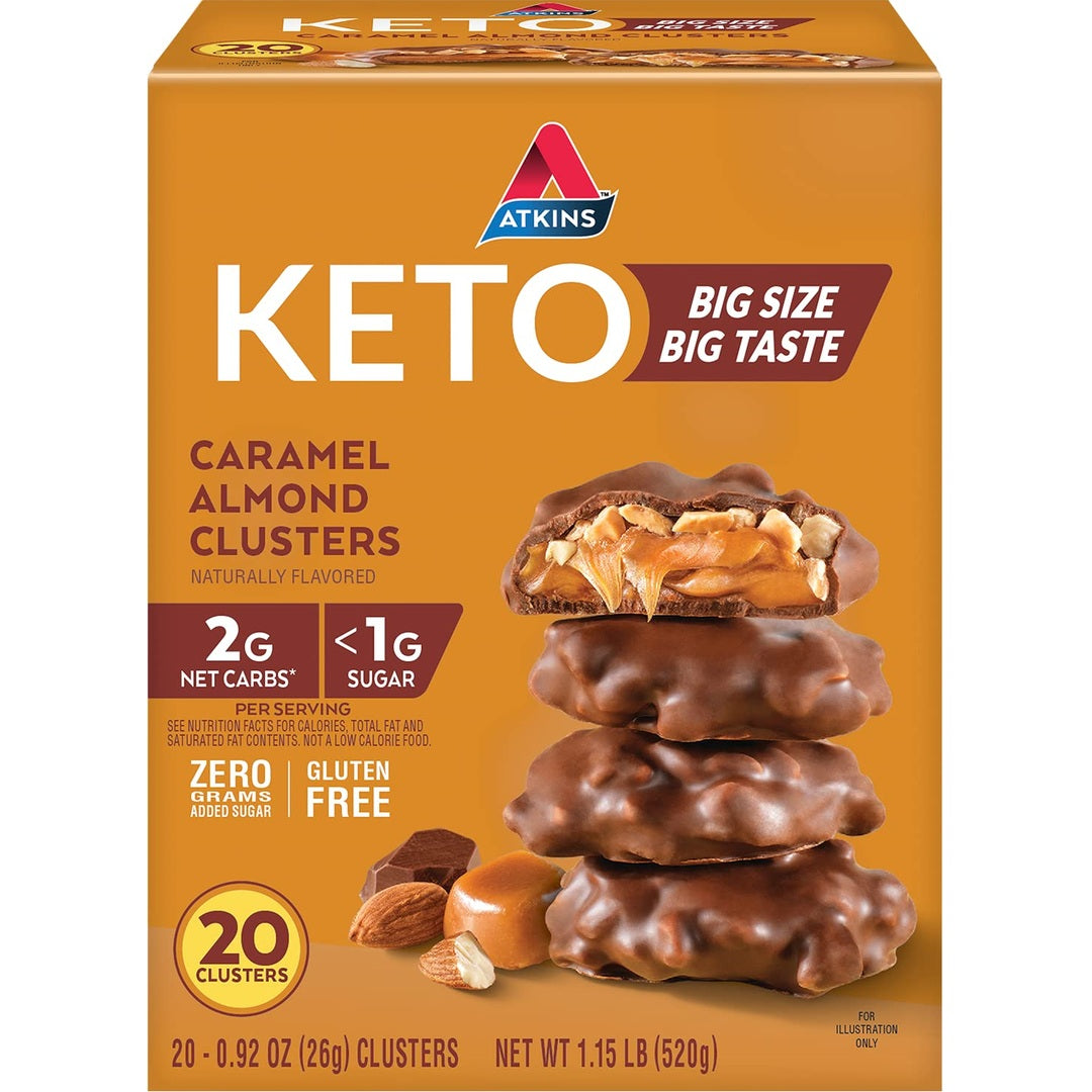 Atkins Caramel Almond Clusters, Gluten Free, High in Fiber, 1g Sugar, 2g Net Carb, Keto Friendly, 20 Count
