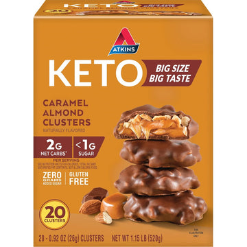 Atkins Caramel Almond Clusters, Gluten Free, High in Fiber, 1g Sugar, 2g Net Carb, Keto Friendly, 20 Count