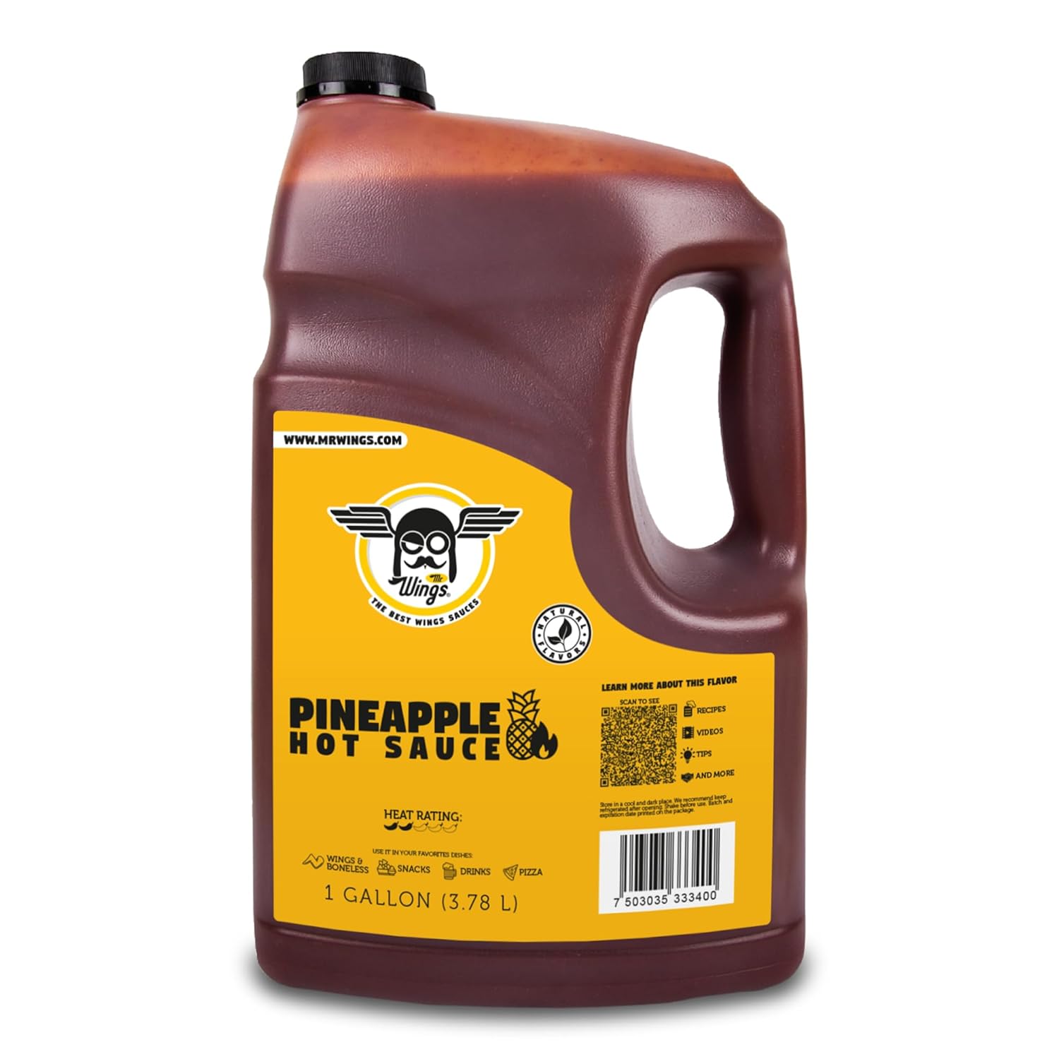 Mr Wings Sweet Mango Mild Sauce 1 Gallon (128 Fl Oz). Sweet and spicy delight, perfect for boneless, fries, drinks and your favorite snacks. Big sauce bulk.