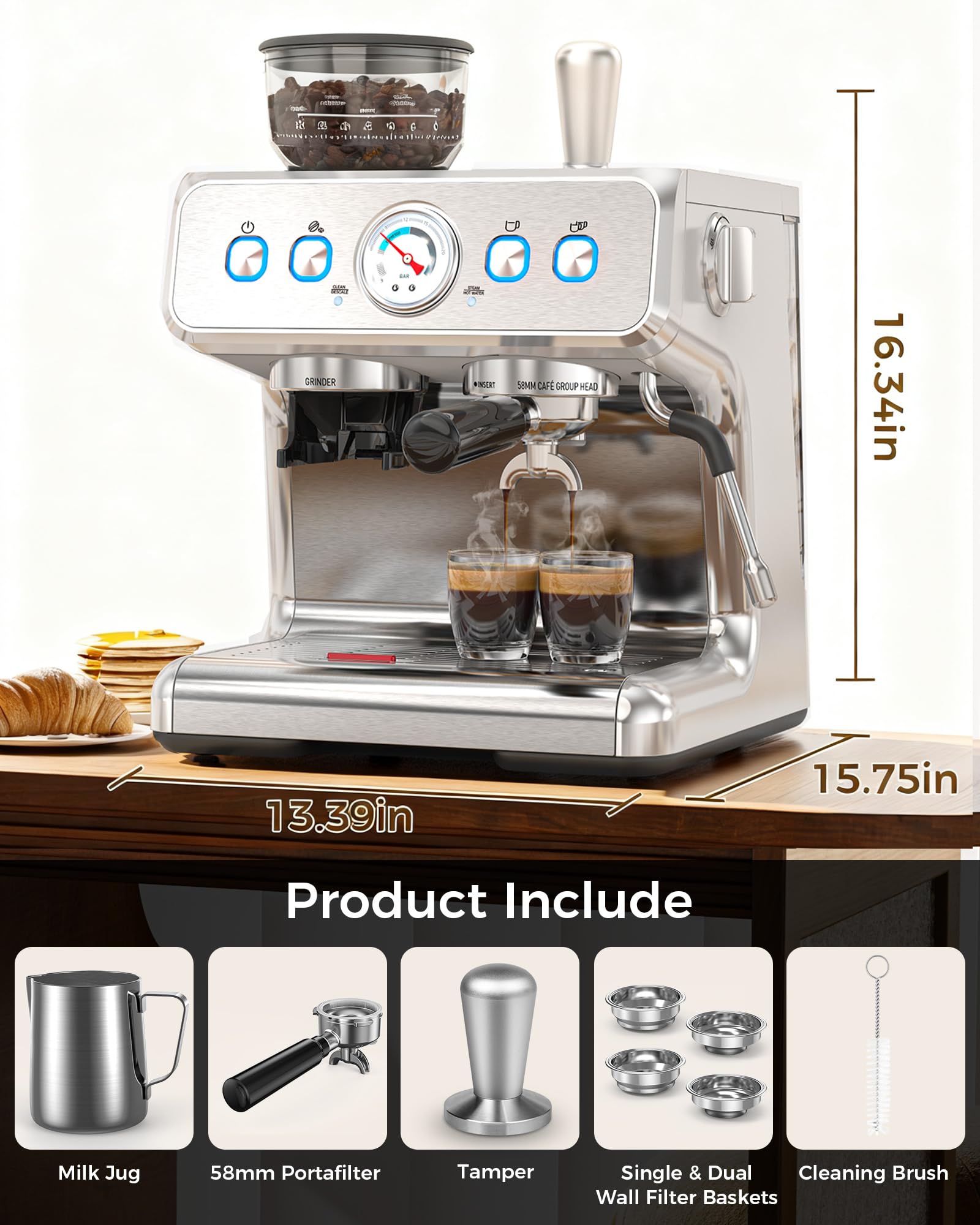 COWSAR 20 Bar Espresso Machine with Grinder & Milk Frother Steam Wand, 58mm Expresso Coffee machines, Commercial Stainless Steel Coffee Maker for Cappuccino and Latte, Perfect for Home Café-Pro