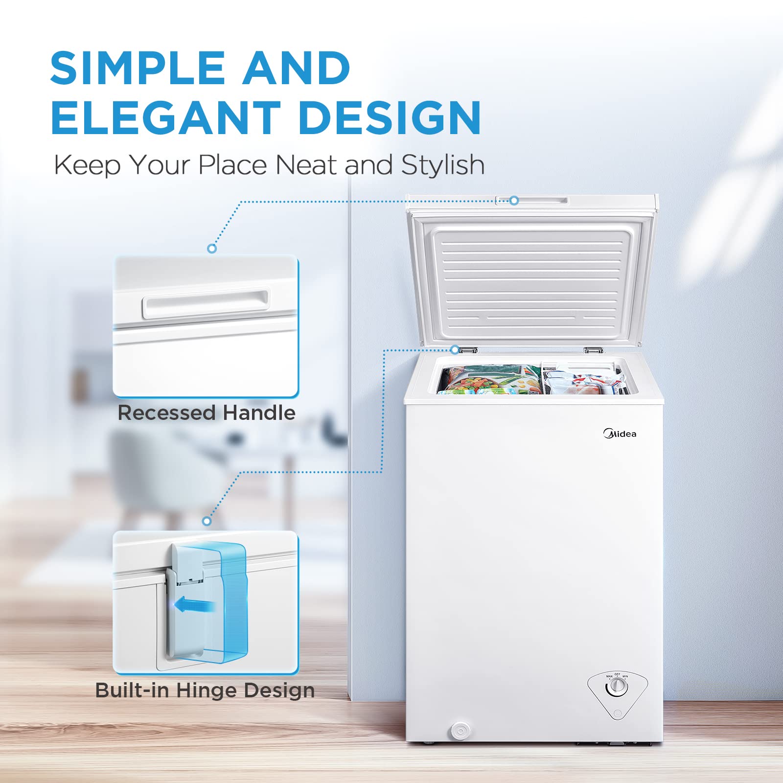 Midea MERC04C4BAWW Chest Freezer, 3.5 Cubic Feet Freezer With Removable Basket, Interior LED Light, Adjustable Temperature, For Kitchen Apartment Office, White