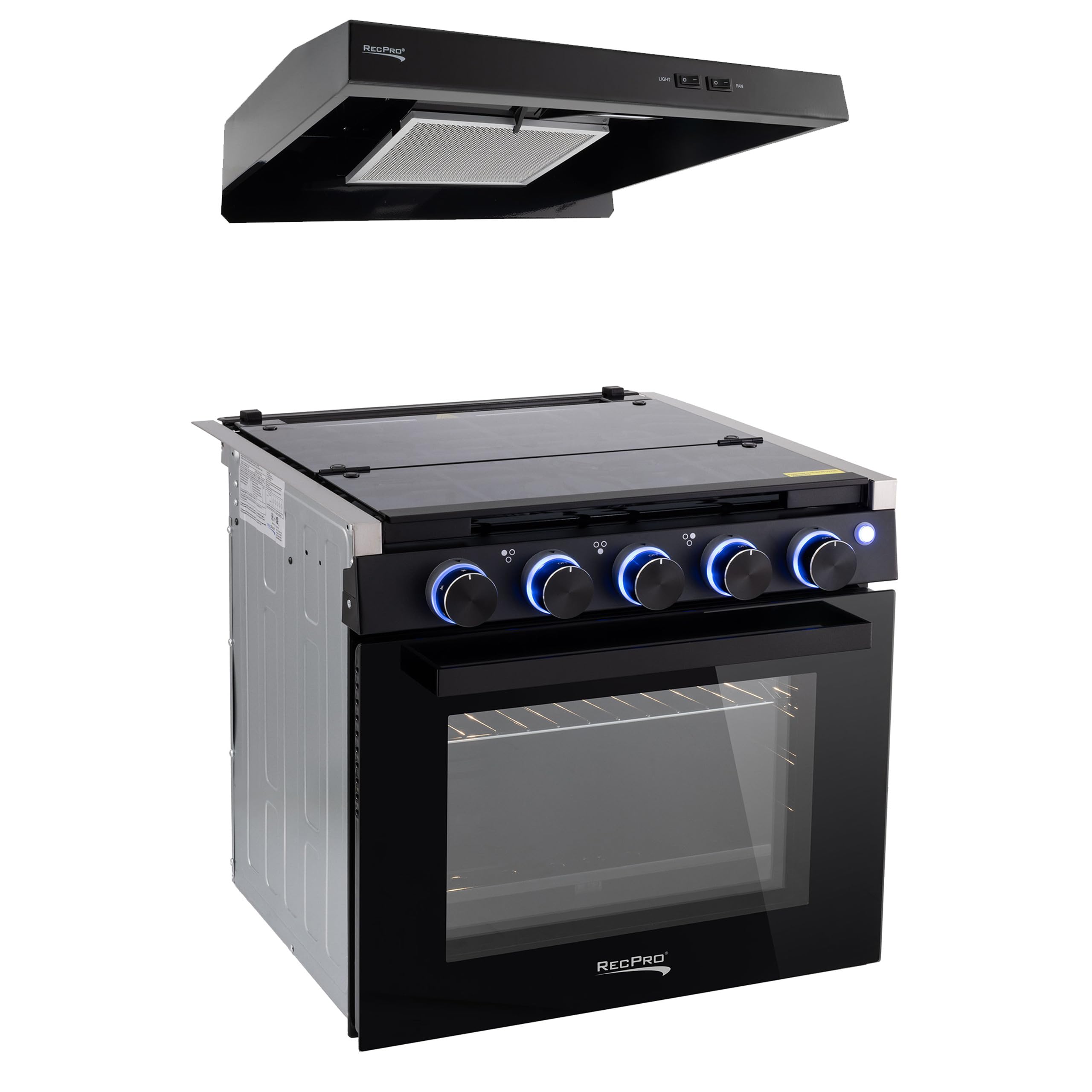 RecPro RV Stove | Gas Range 21" Tall | Optional Vented Range Hood | 3 Burner | 1.8 Cu. Ft | 7100 BTU | Black or Silver Color Options (Silver, No Vented Range Hood)