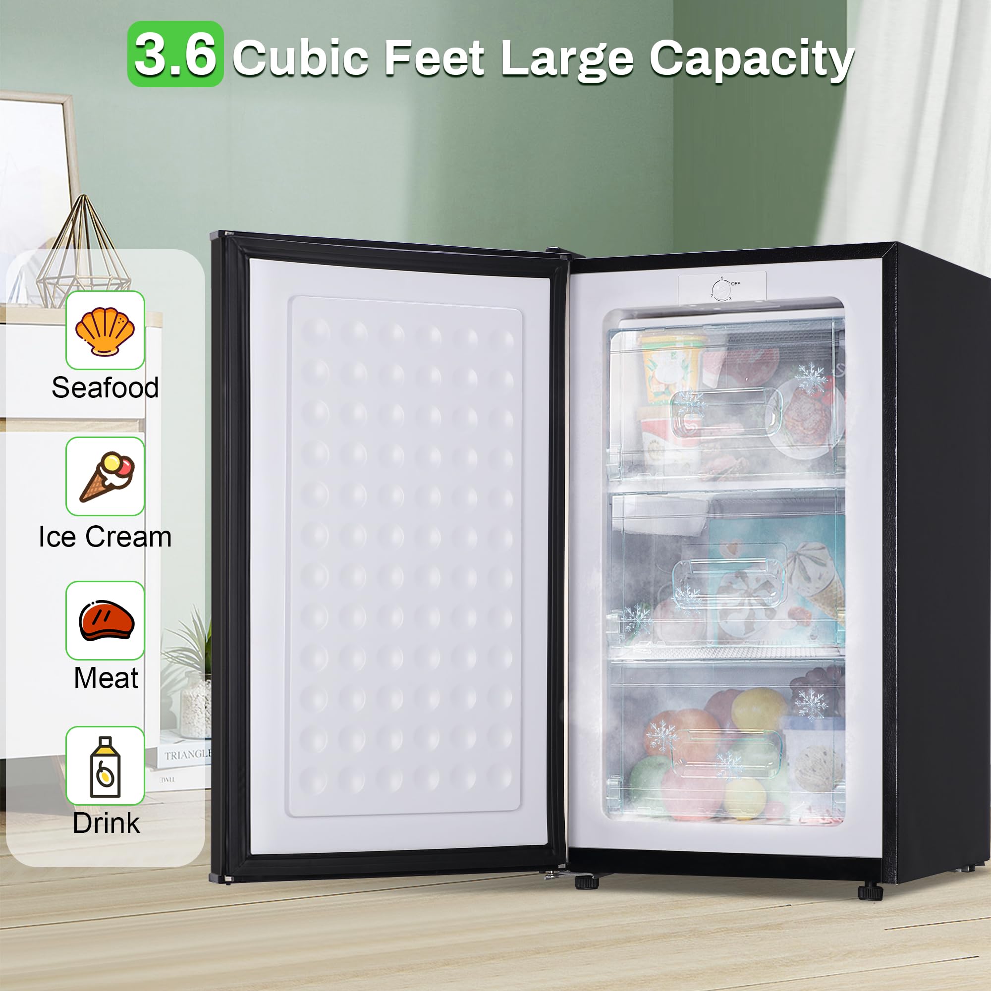 Mini Upright freezer 3.6 Cubic Feet Mini Freezer, Single Door Compact Freezer with Reversible Stainless Steel Door, 3-Speed Temperature Adjustment Small freezer for Home, Glossy Silver