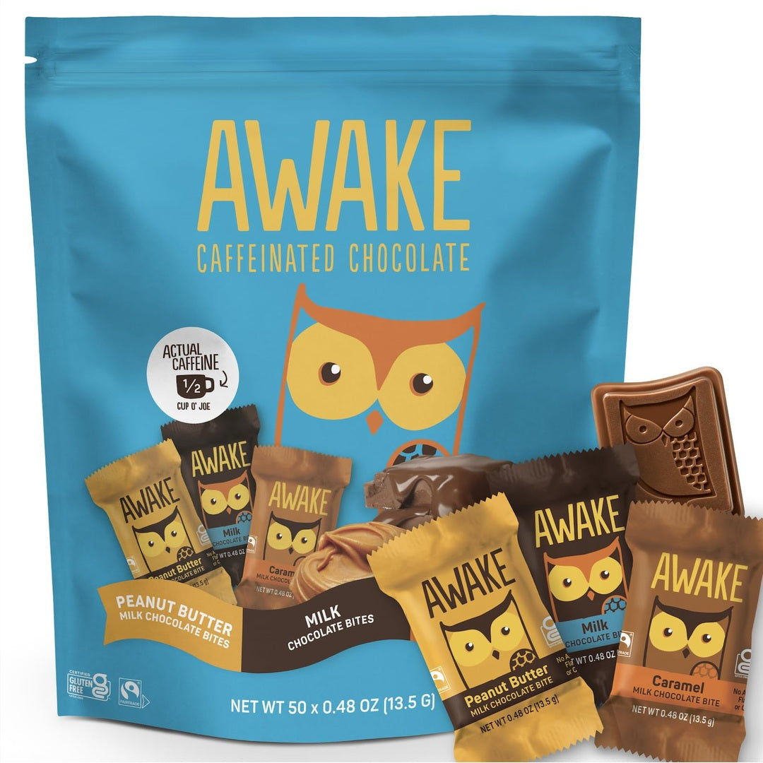 AWAKE - Caffeinated Chocolate Bites - Caramel Milk Chocolate, 50 Bites - 50mg Caffeine - Individually Wrapped Energy Bites - Coffee Alternative - Fairtrade, Gluten Free, Non GMO - 0.48oz