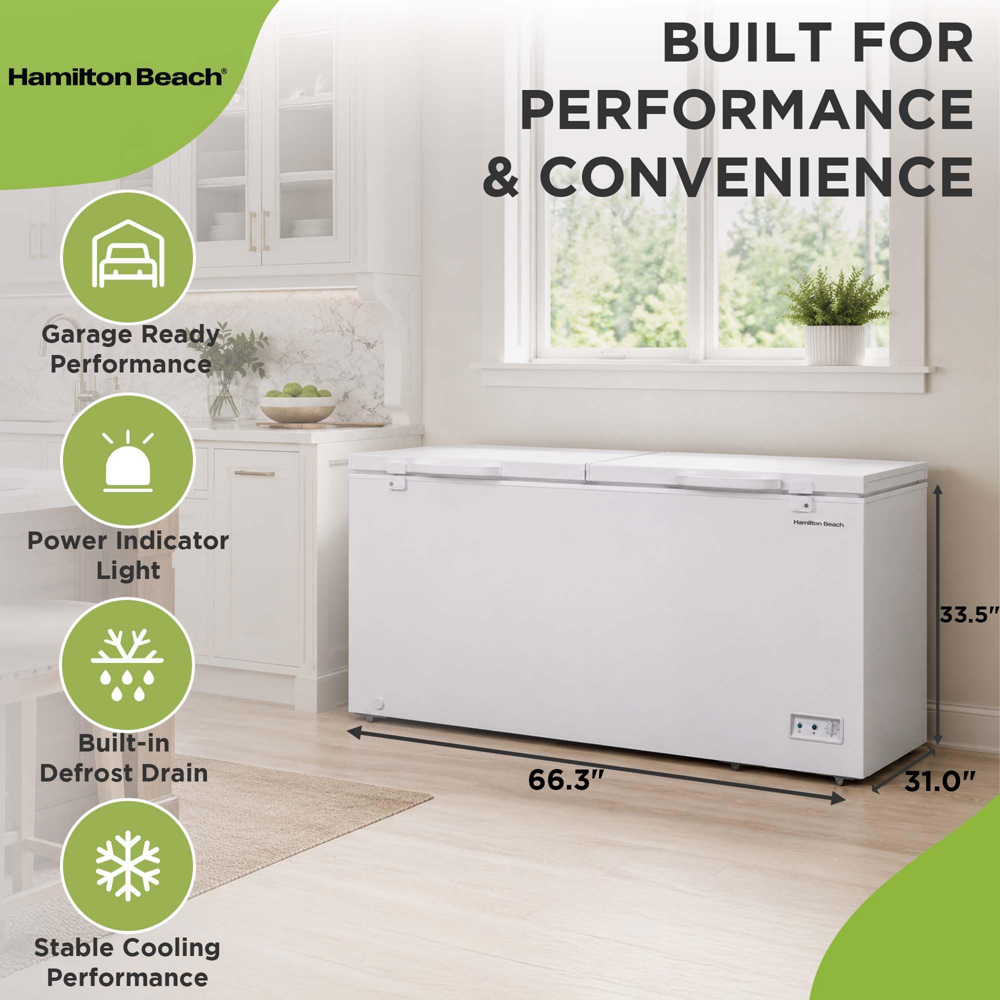 Hamilton Beach HBFRF2129 21 cu ft Double Door LID Garage-Ready Chest Freezer-White, Vinyl-Coated Baskets, Space-Saving Flat Back, Stay-Open, Front-Access Drain, for Storage, Hunting, Large Family