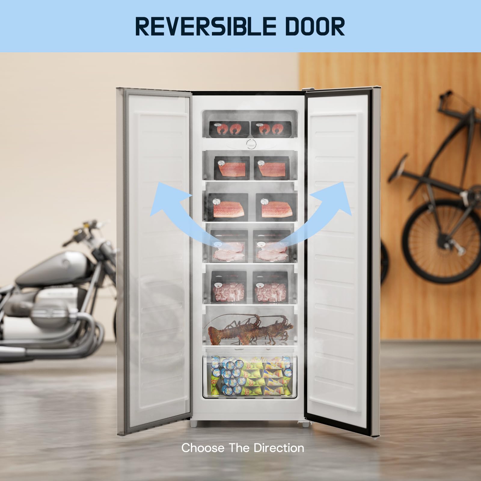 Upstreman 7.0 Cu.Ft Upright Freezer, Large Capacity Stand Up Freezer with 5 Adjustable Shelves, Convertible Refrigerator/Freezer, Reversible Door for Home, Basement, Apartment (White)