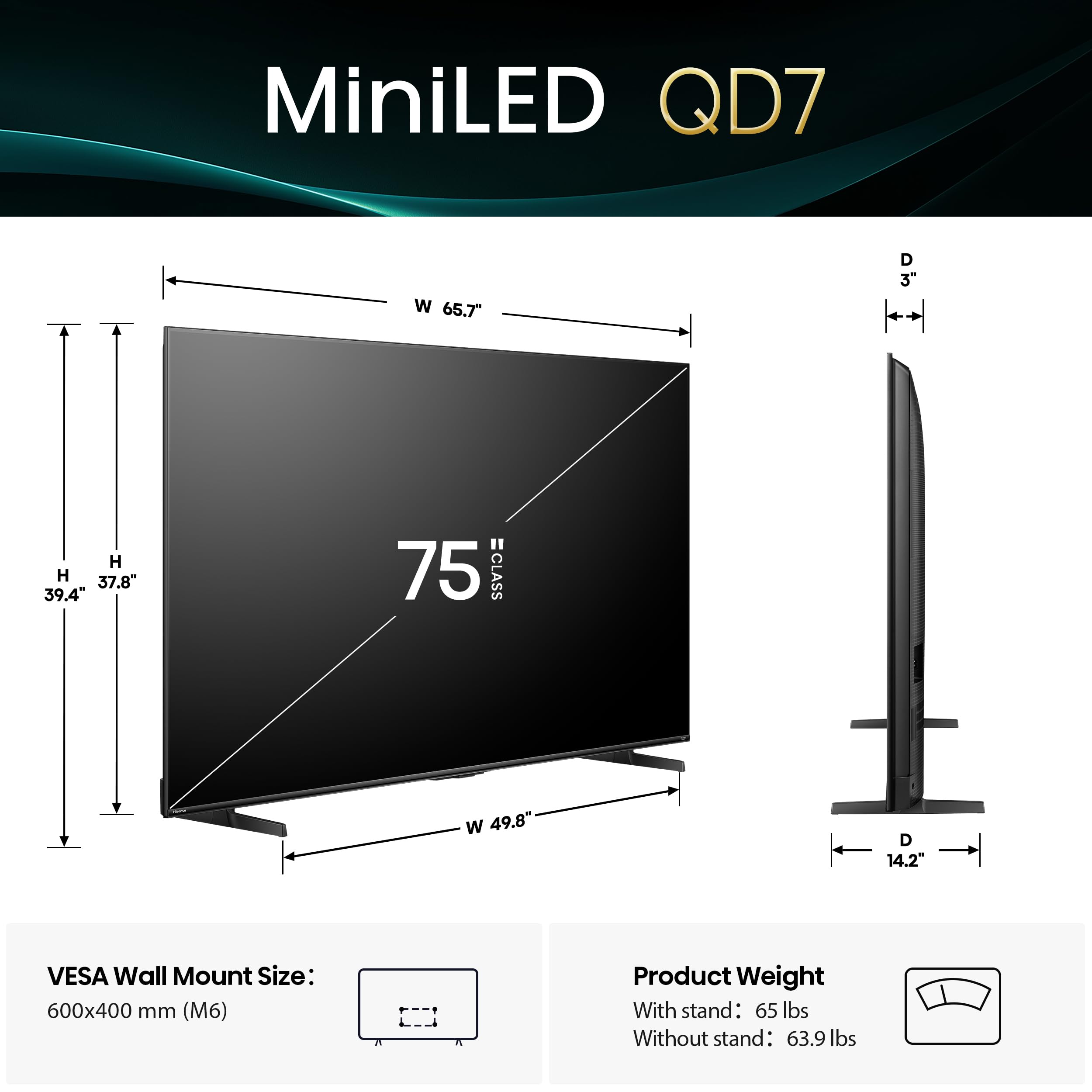 Hisense 75" QD7 Mini-LED 4K Smart Fire TV - QLED, 144Hz, HDR10+, Dolby Vision/Atmos, Game Mode Pro, Alexa Built-in (75QD7QF)