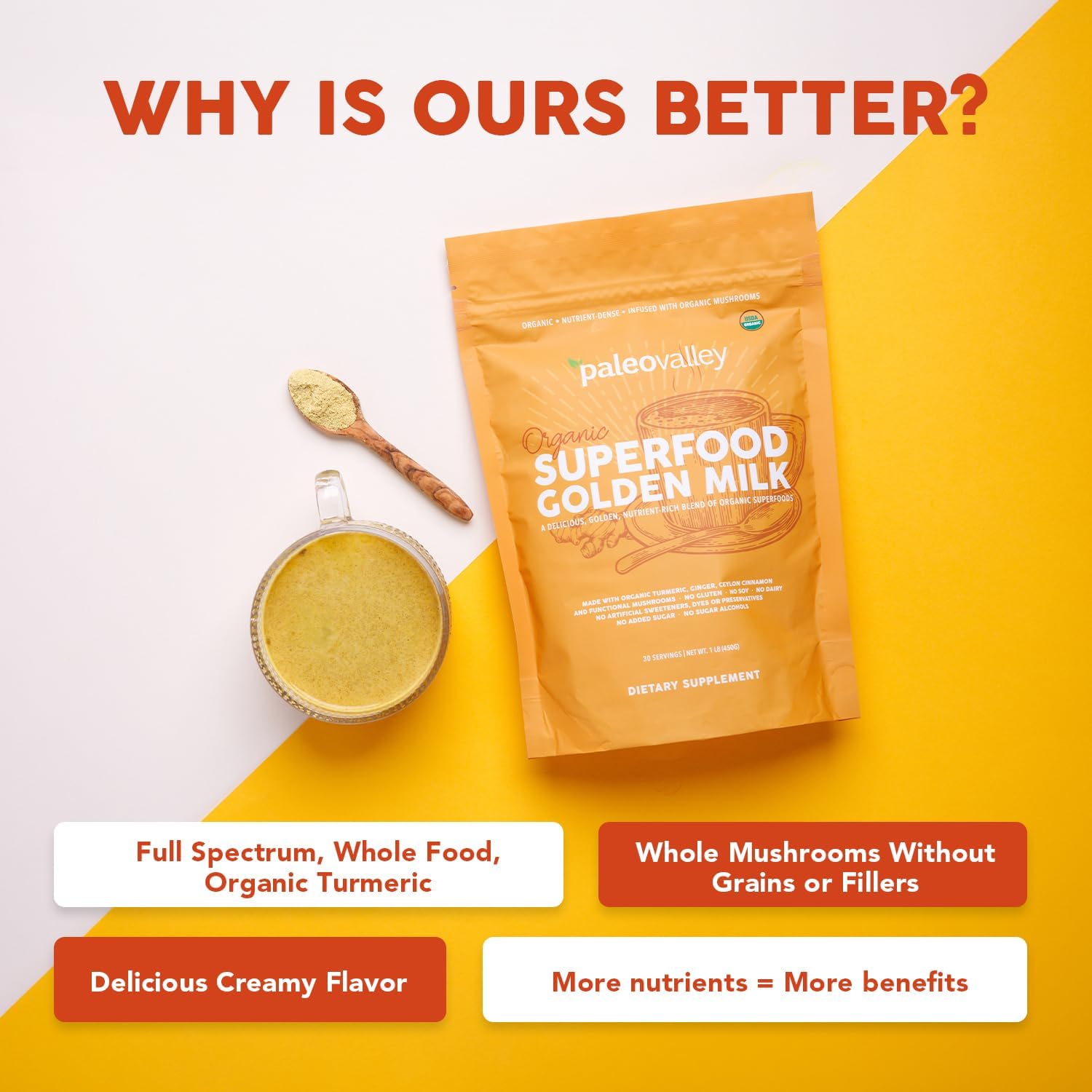 Paleovalley Organic Superfood Golden Milk - Immune, Focus, Cognitive, Longevity - Turmeric, MCT-Rich Coconut Milk, Functional Mushrooms, 30 Servings