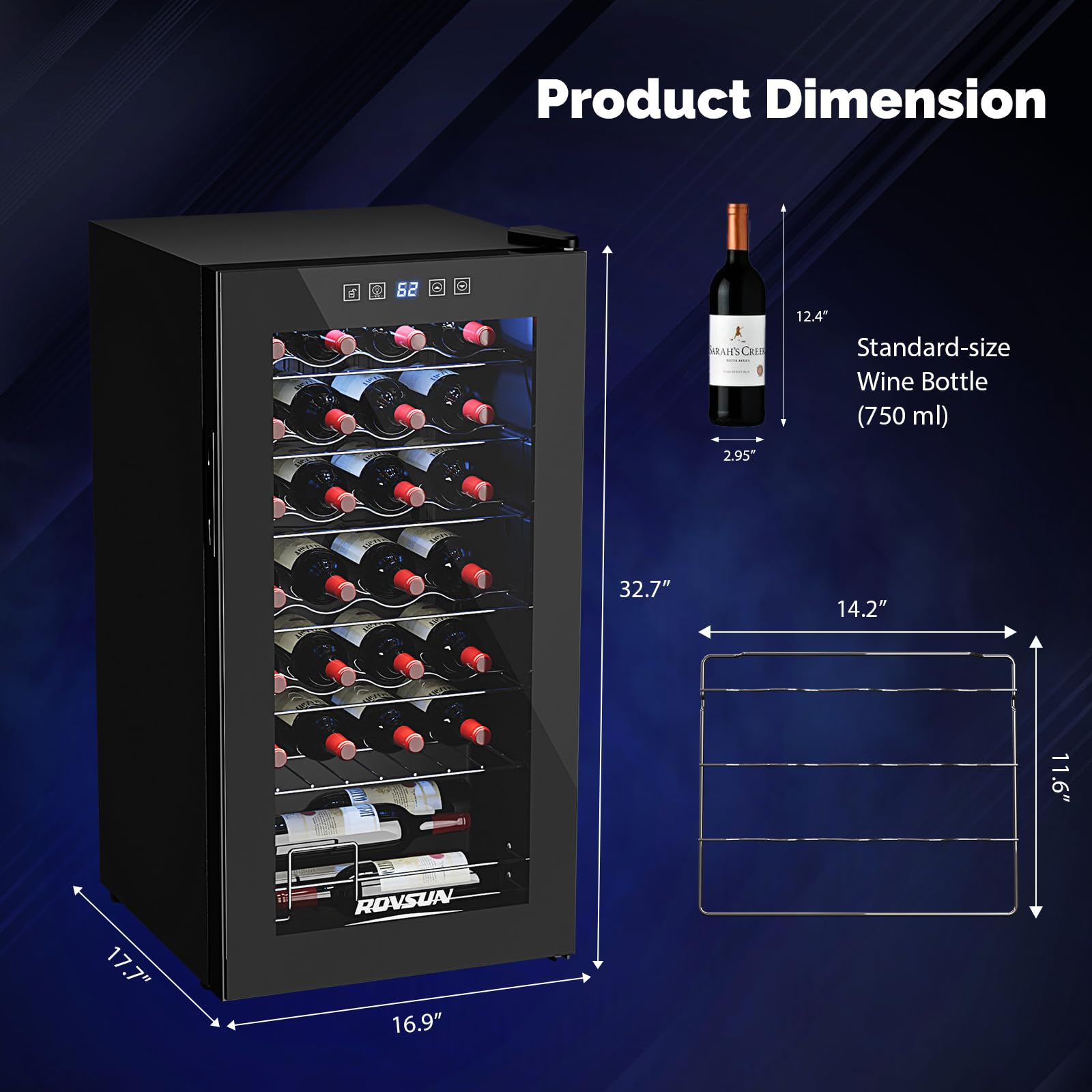 ROVSUN 18 Bottle Wine Fridge, Freestanding Compressor Wine Cooler Refrigerator, Beverage Wine Chiller with Digital Temperature Control & Double-layer Glass Door for Red White Wine, Champagne, Beer