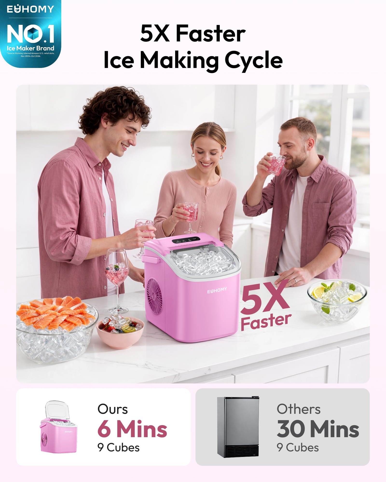 EUHOMY Countertop Ice Maker Machine with Handle, 26lbs in 24Hrs, 9 Ice Cubes Ready in 6 Mins, Auto-Cleaning Portable Ice Maker with Basket and Scoop, for Home/Kitchen/Camping/RV. (Black)