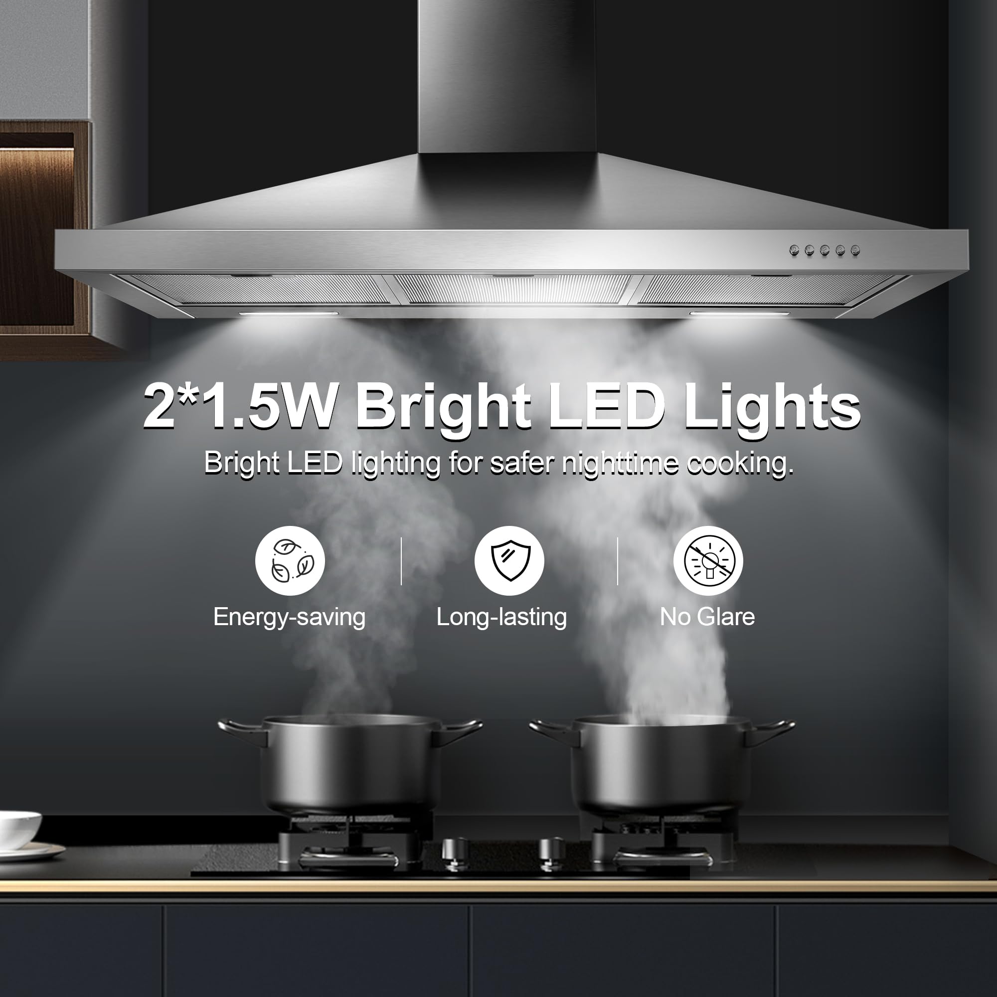 Tieasy Wall Mount Range Hood 30 inch with Ducted/Ductless Convertible Duct, Stainless Steel Chimney-Style Over Stove Vent Hood with LED Light, 3 Speed Exhaust Fan, 450 CFM