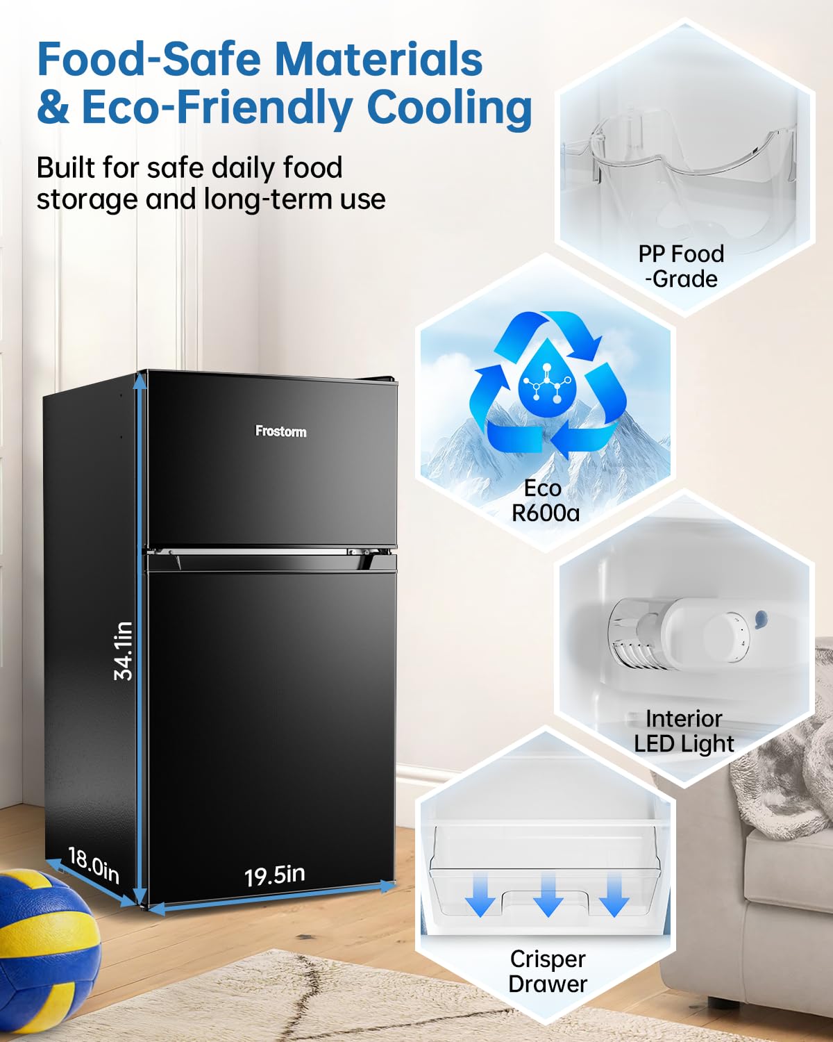 Frostorm 3.2 Cu Ft Mini Fridge with Freezer - Energy Efficient, Large Capacity Single Door Upright Freezer for Bedroom, Office & Dorm | Small Fridge, Reversible Door, ETL Certified(Black)
