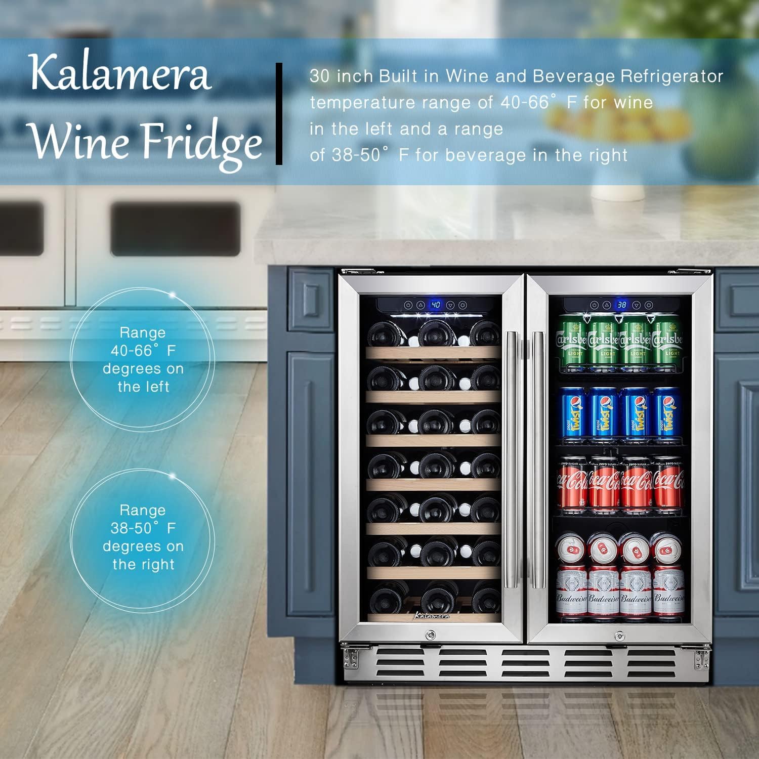 Kalamera 24 inch Wine Cooler, 37 Bottle - Dual Zone Built-in or Freestanding Fridge with Stainless Steel Reversible Glass Door, for Home, Kitchen or Office
